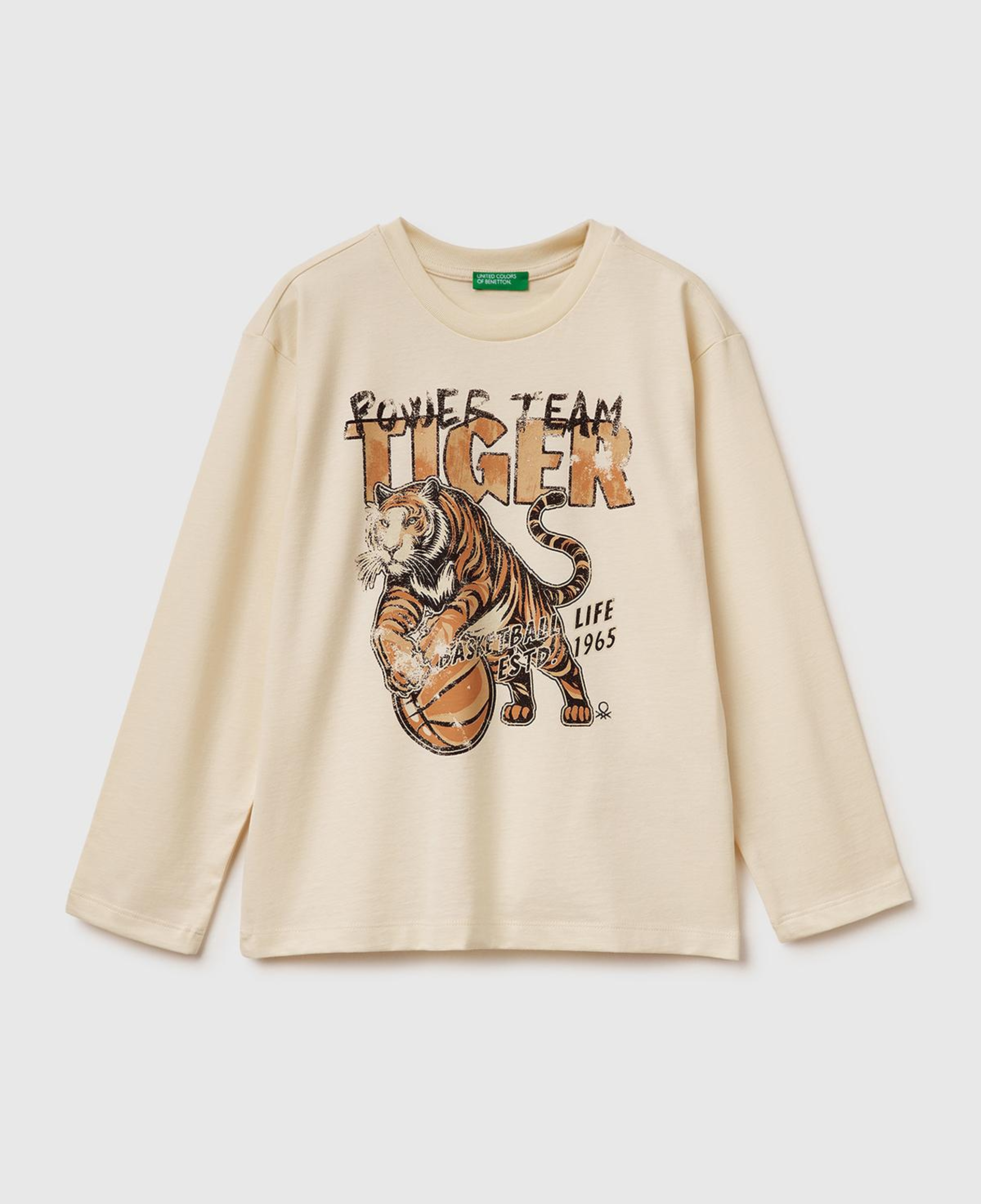 Erkek Çocuk Krem Baskılı Bisiklet Yaka Uzun Kollu T-shirt