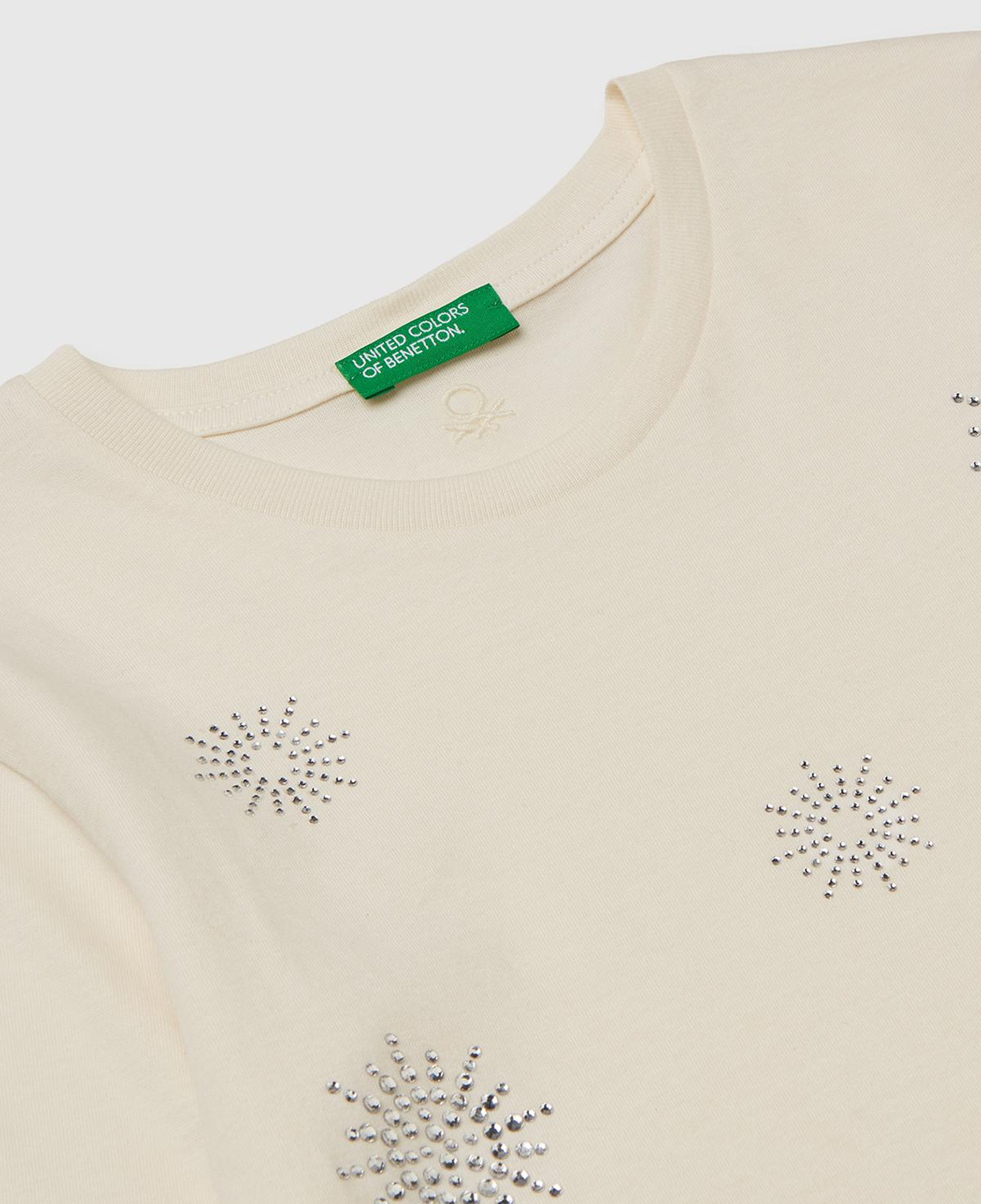 Kız Çocuk Ekru Önü Kristal Aplikeli Regular Fit Uzun Kollu T-shirt