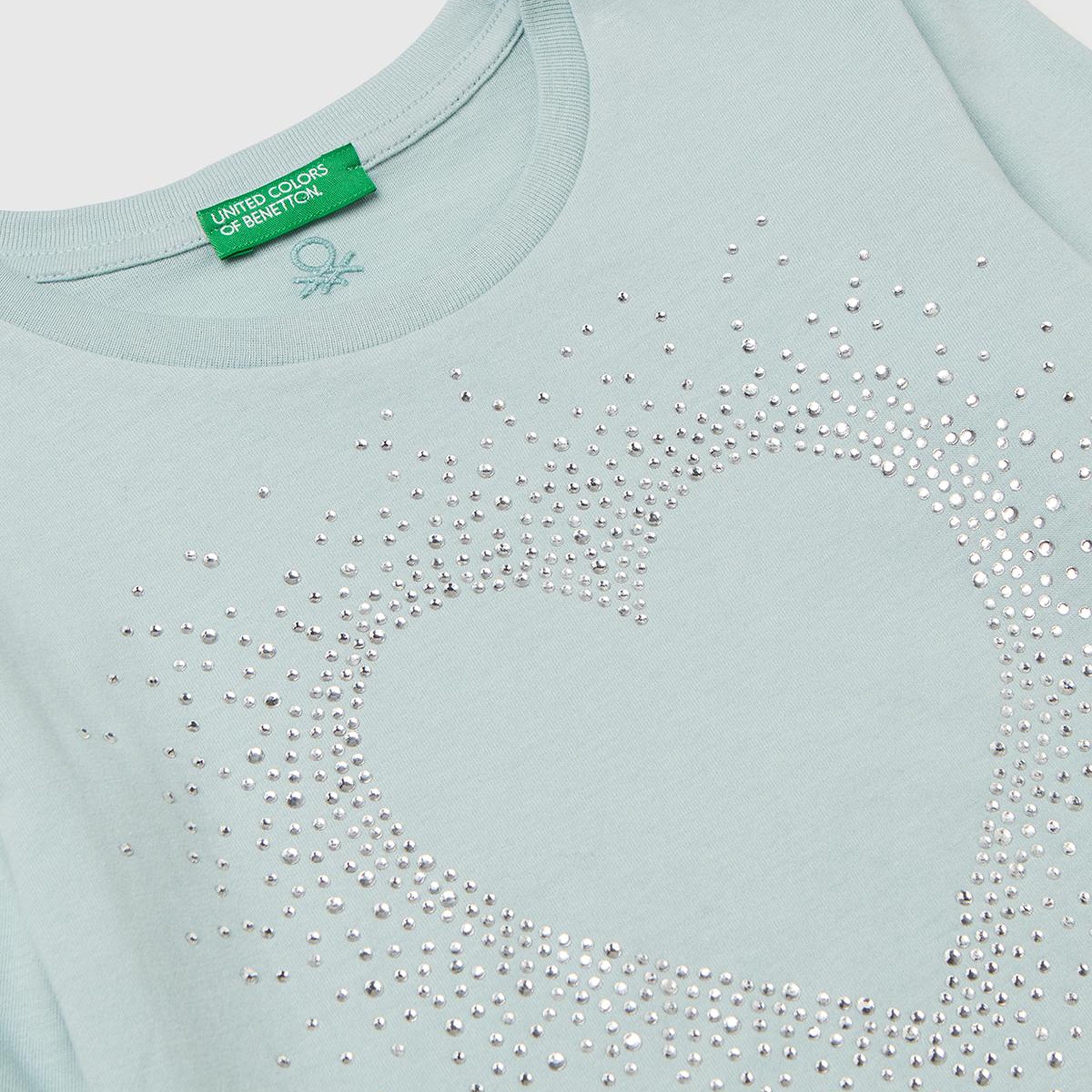 Kız Çocuk Su Yeşili Önü Kristal Aplikeli Regular Fit Uzun Kollu T-shirt