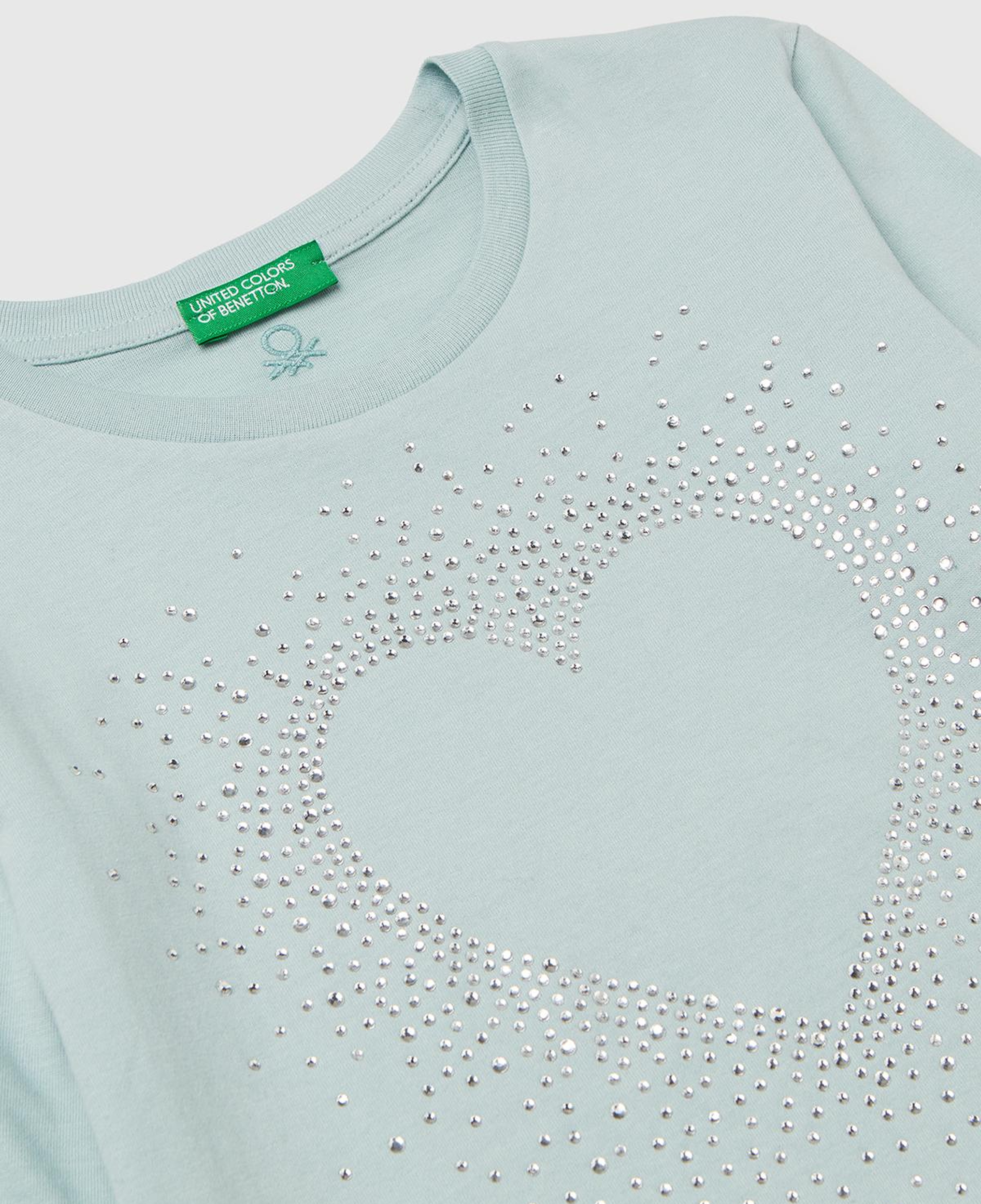 Kız Çocuk Su Yeşili Önü Kristal Aplikeli Regular Fit Uzun Kollu T-shirt