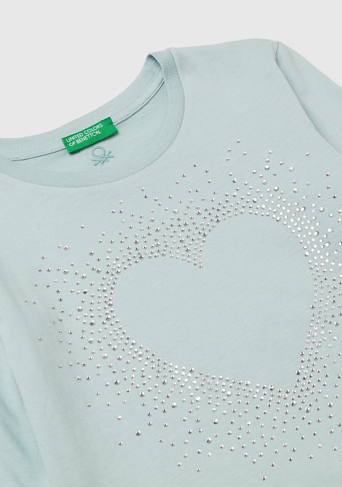 Kız Çocuk Su Yeşili Önü Kristal Aplikeli Regular Fit Uzun Kollu T-shirt