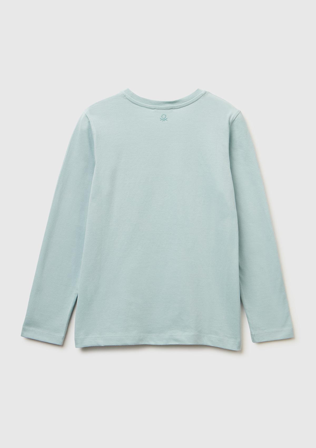 Kız Çocuk Su Yeşili Önü Kristal Aplikeli Regular Fit Uzun Kollu T-shirt