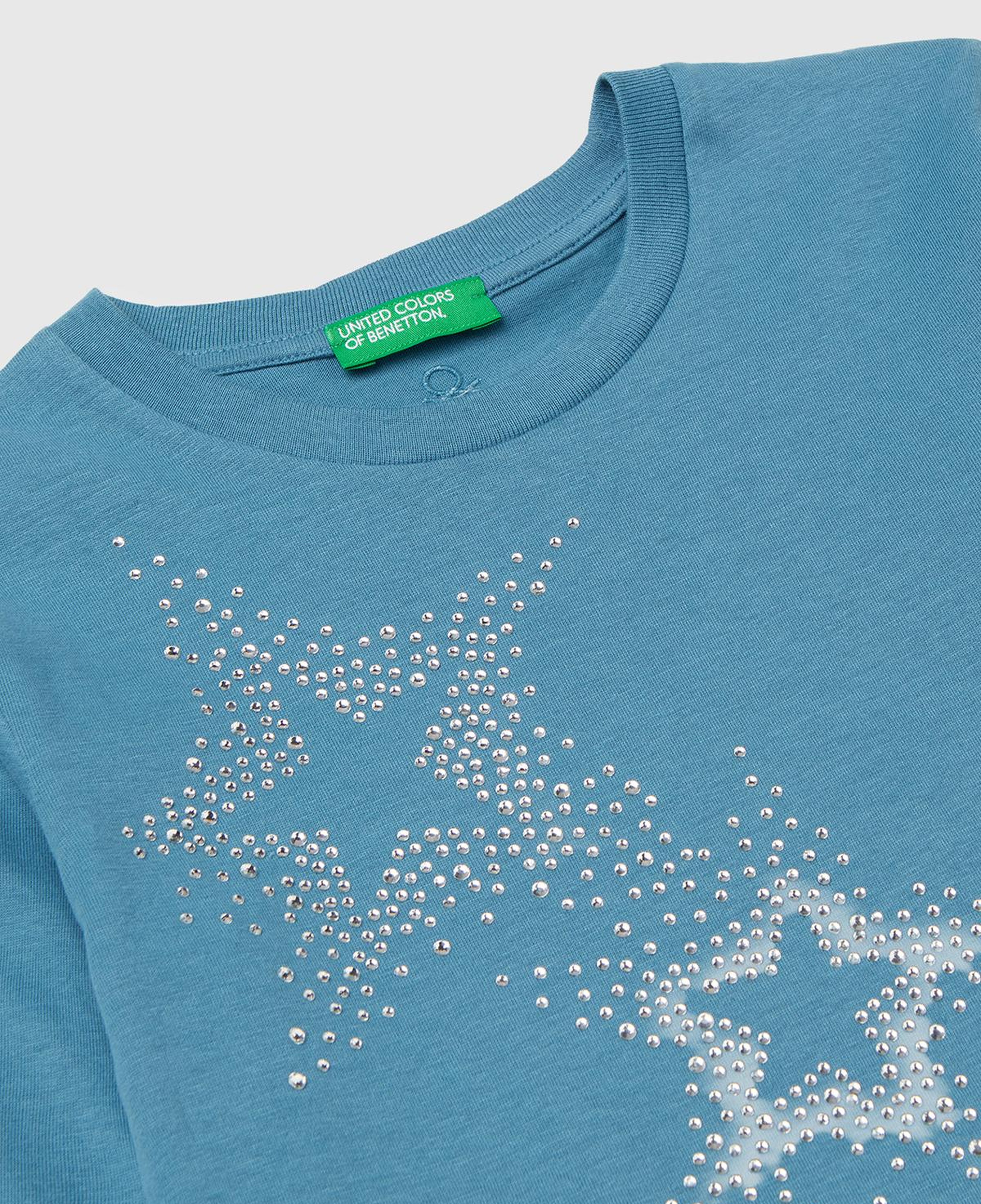 Kız Çocuk Petrol Mavisi Önü Kristal Aplikeli Regular Fit Uzun Kollu T-shirt