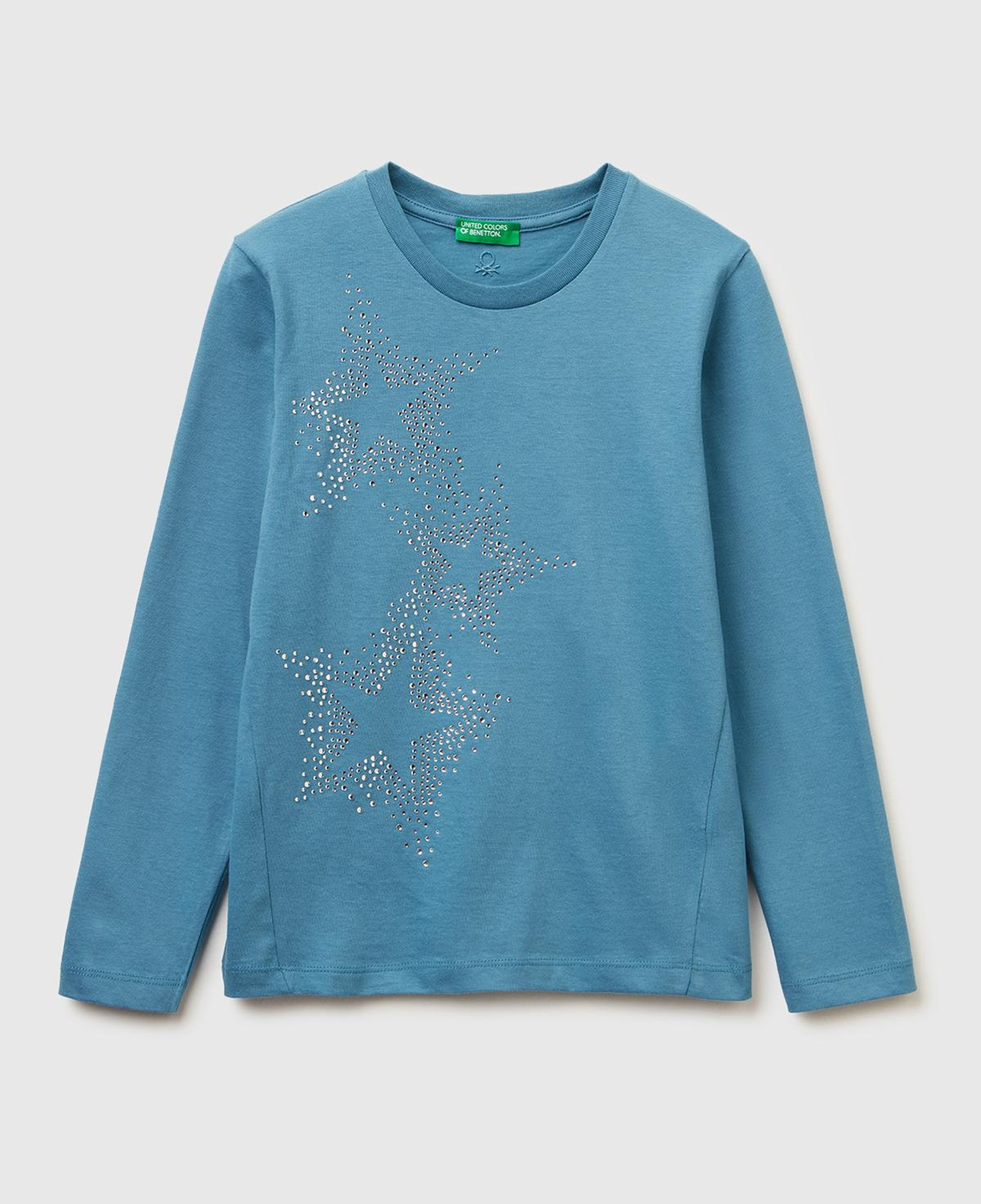 Kız Çocuk Petrol Mavisi Önü Kristal Aplikeli Regular Fit Uzun Kollu T-shirt