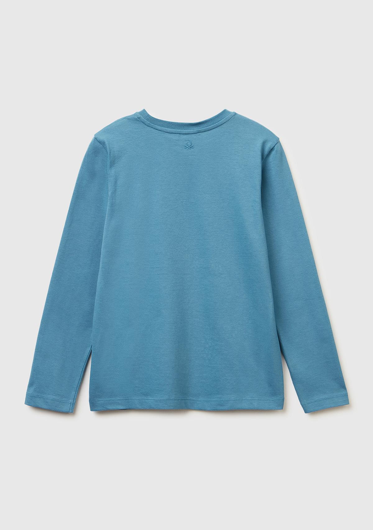 Kız Çocuk Petrol Mavisi Önü Kristal Aplikeli Regular Fit Uzun Kollu T-shirt