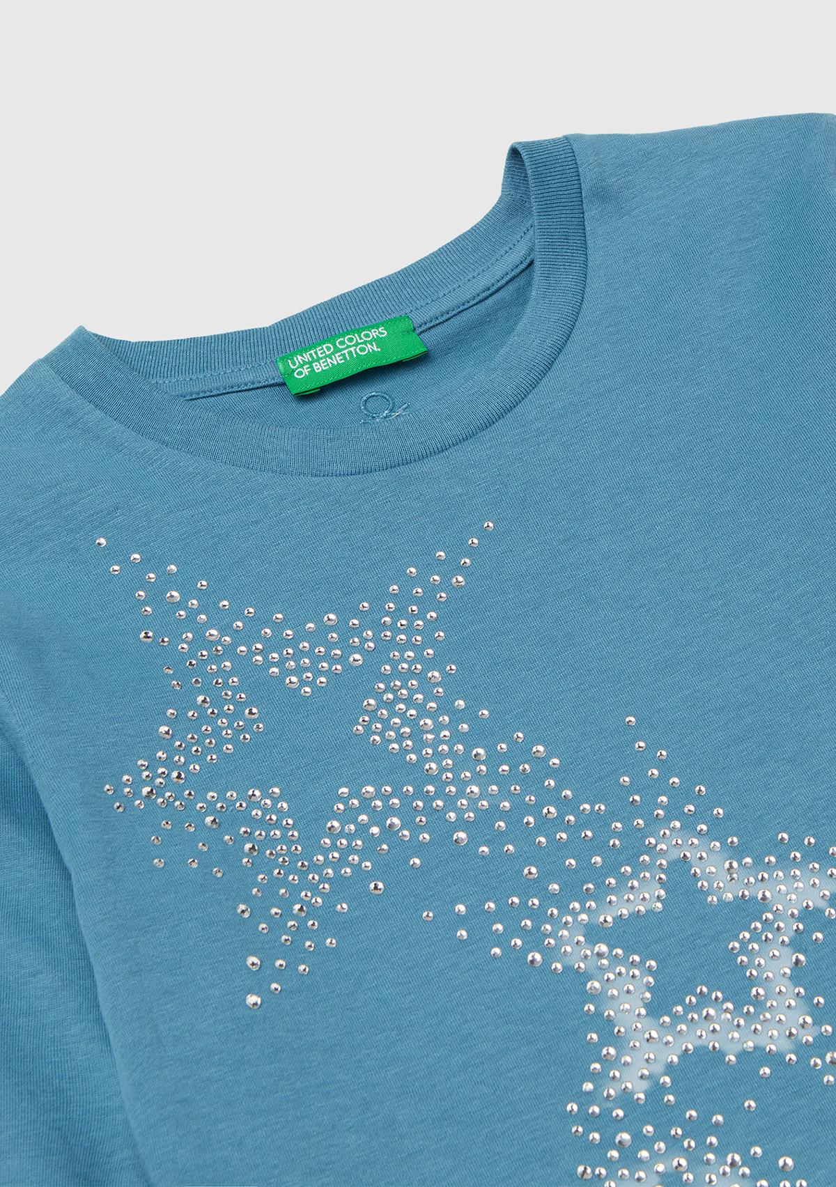 Kız Çocuk Petrol Mavisi Önü Kristal Aplikeli Regular Fit Uzun Kollu T-shirt
