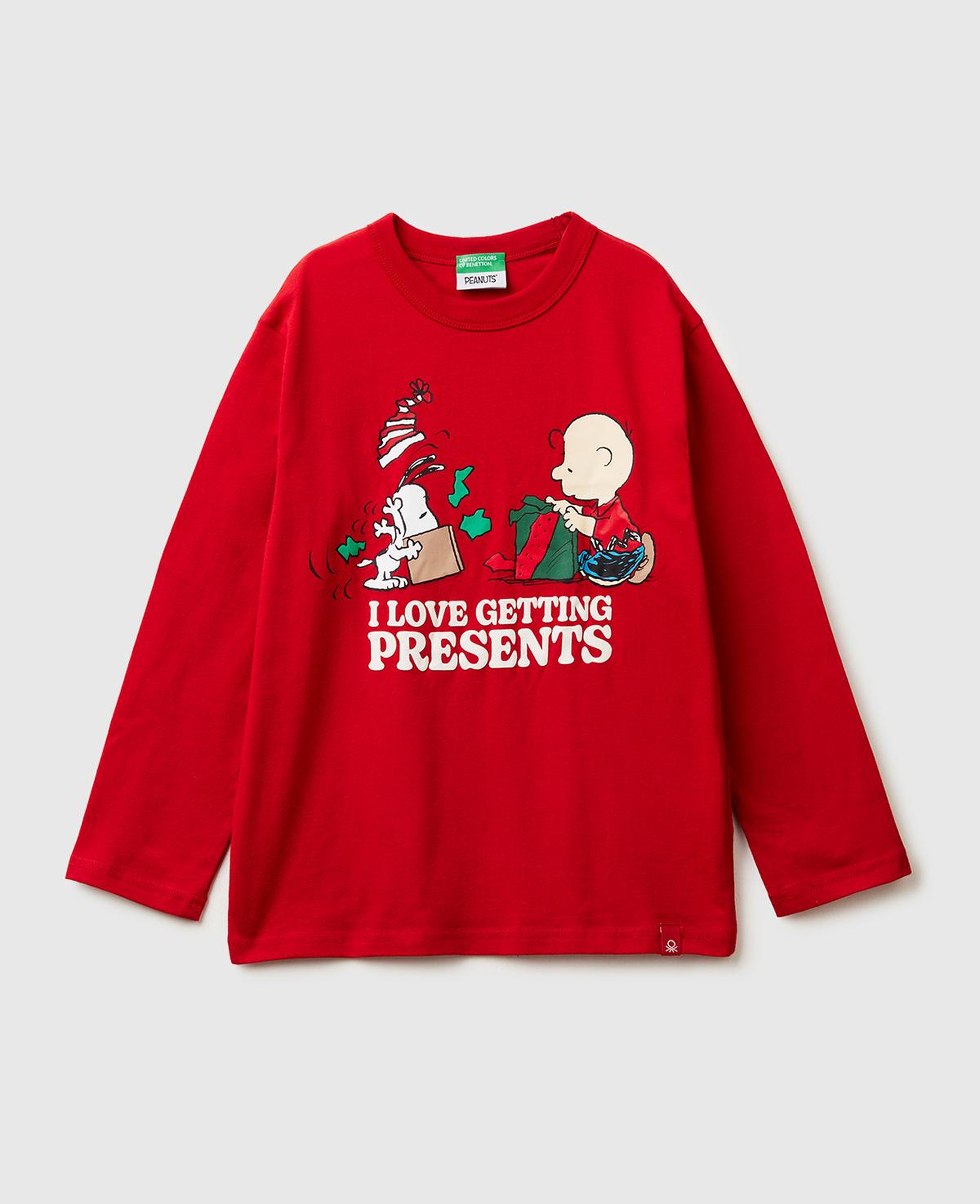 Erkek Çocuk Kırmızı Peanuts Yılbaşı Baskılı Logo Etiketli Kabartmalı Uzun Kollu T-shirt