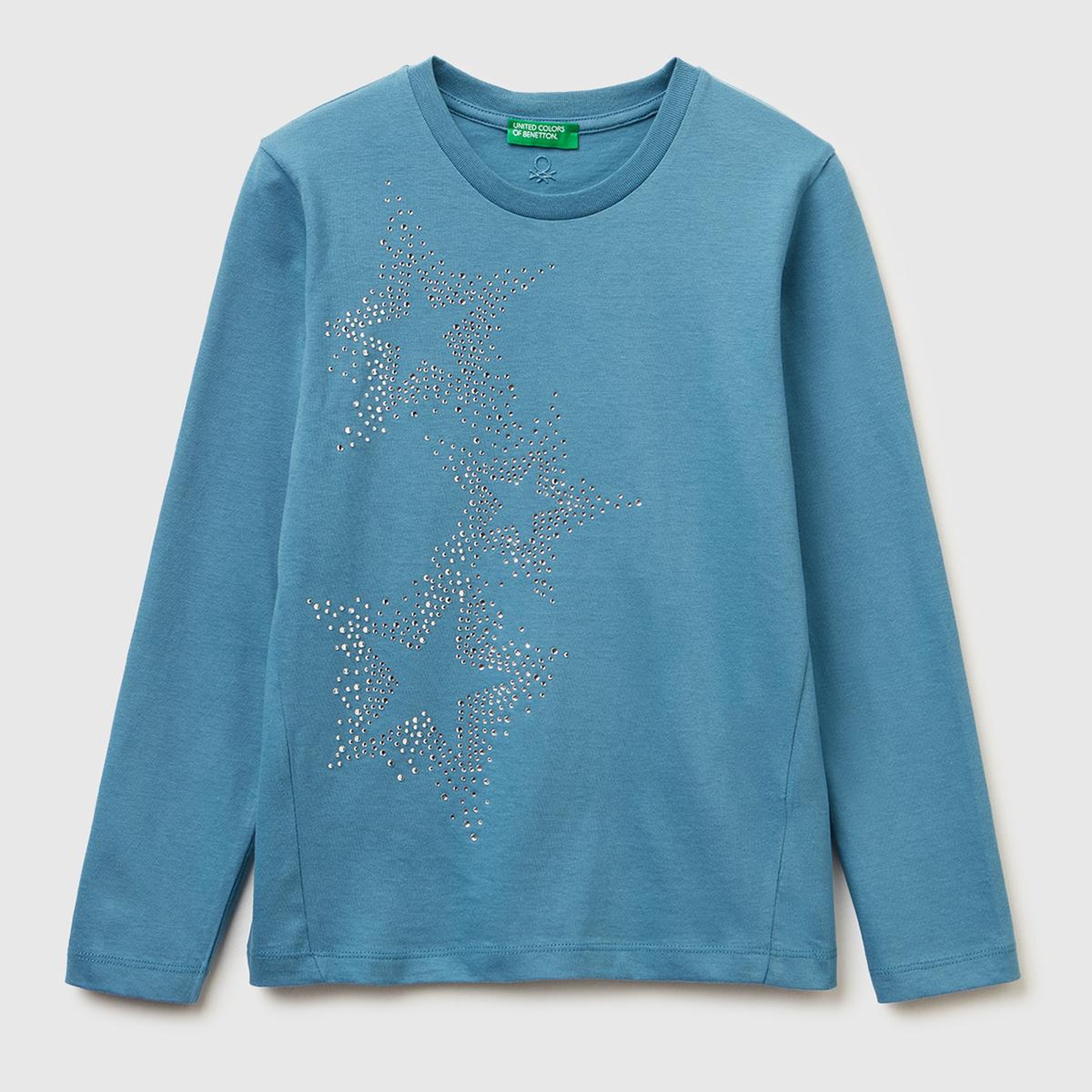 Kız Çocuk Petrol Mavisi Önü Kristal Aplikeli Regular Fit Uzun Kollu T-shirt
