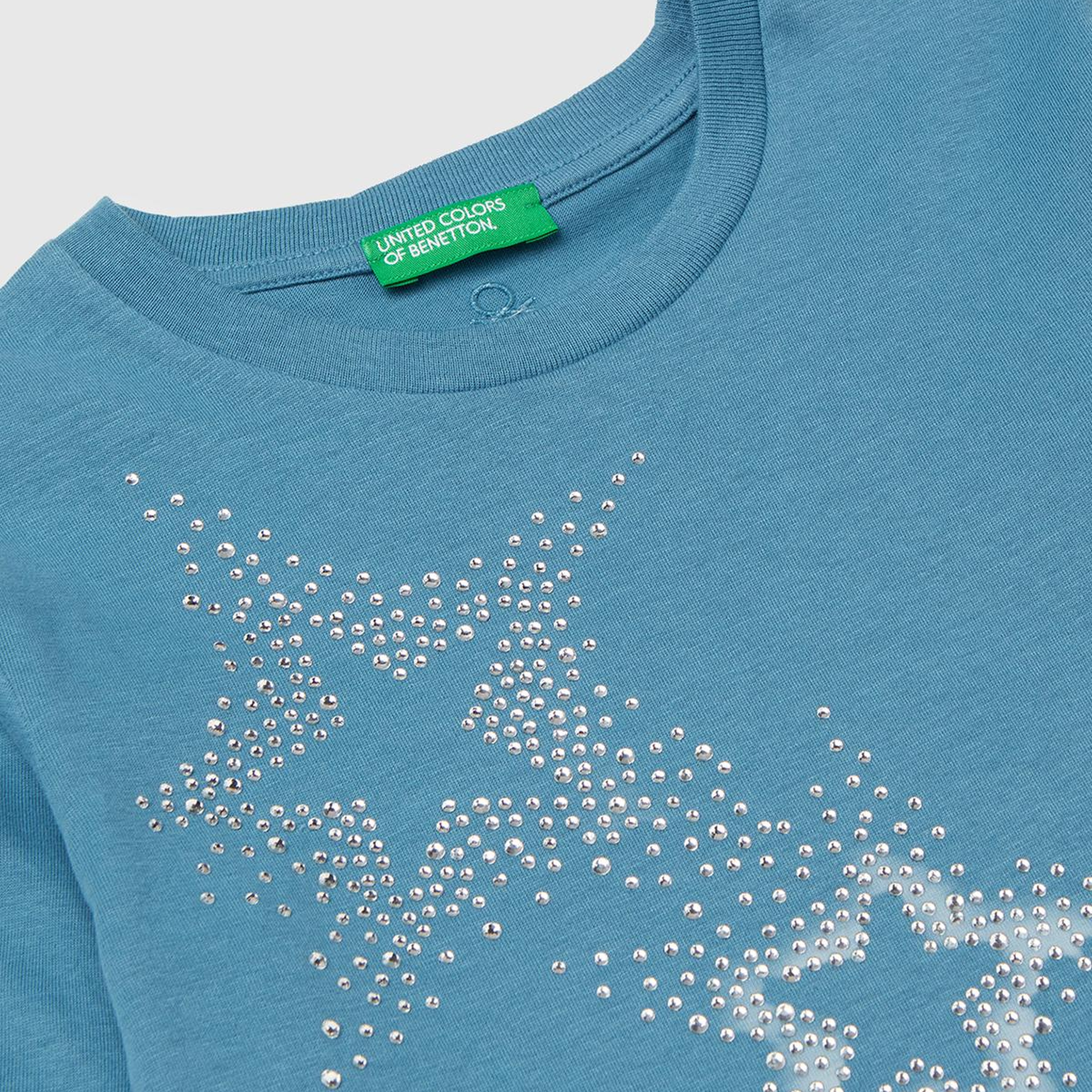 Kız Çocuk Petrol Mavisi Önü Kristal Aplikeli Regular Fit Uzun Kollu T-shirt