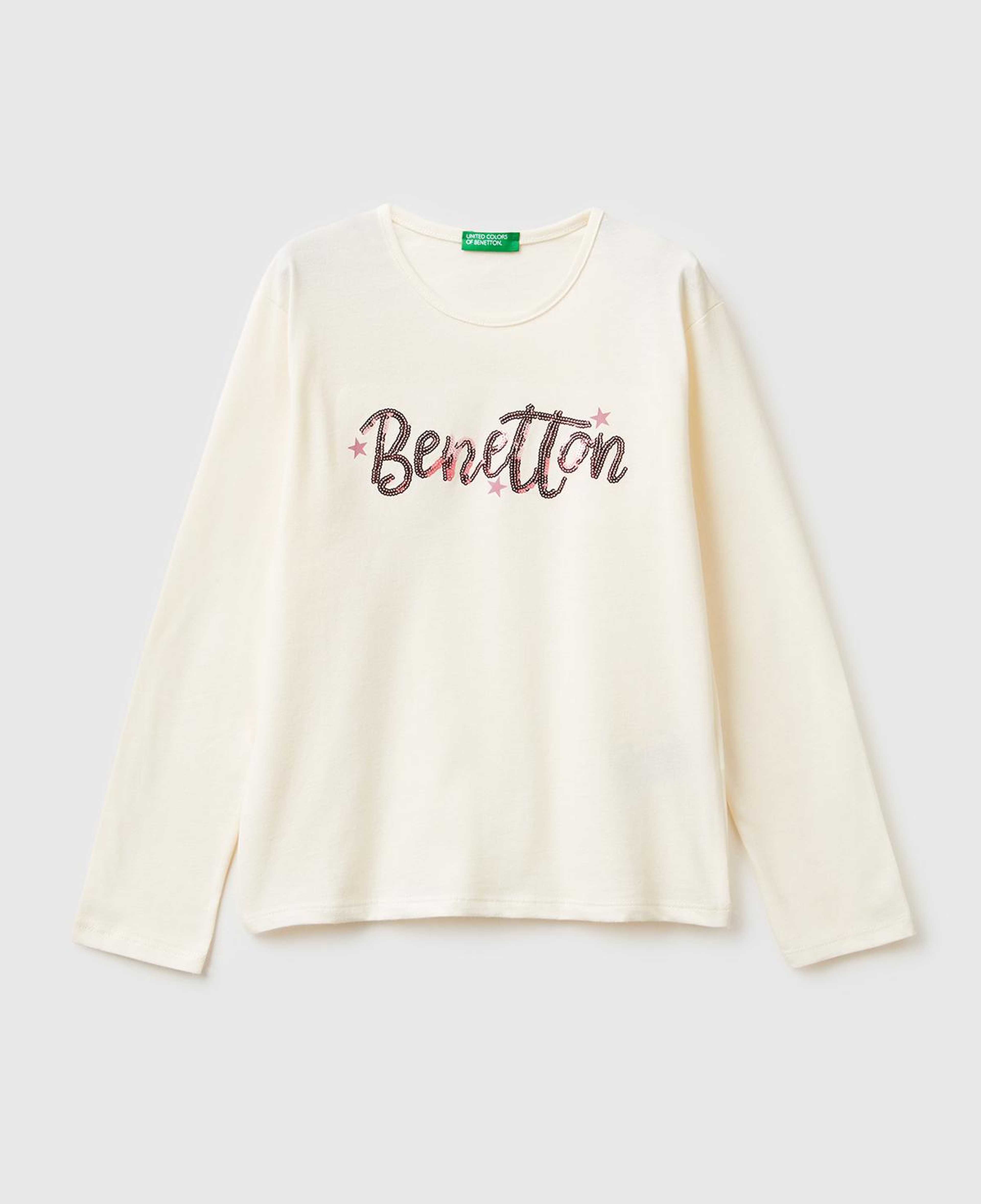 Kız Çocuk Ekru Grafik Payet İşlemeli Regular Fit Uzun Kollu T-shirt