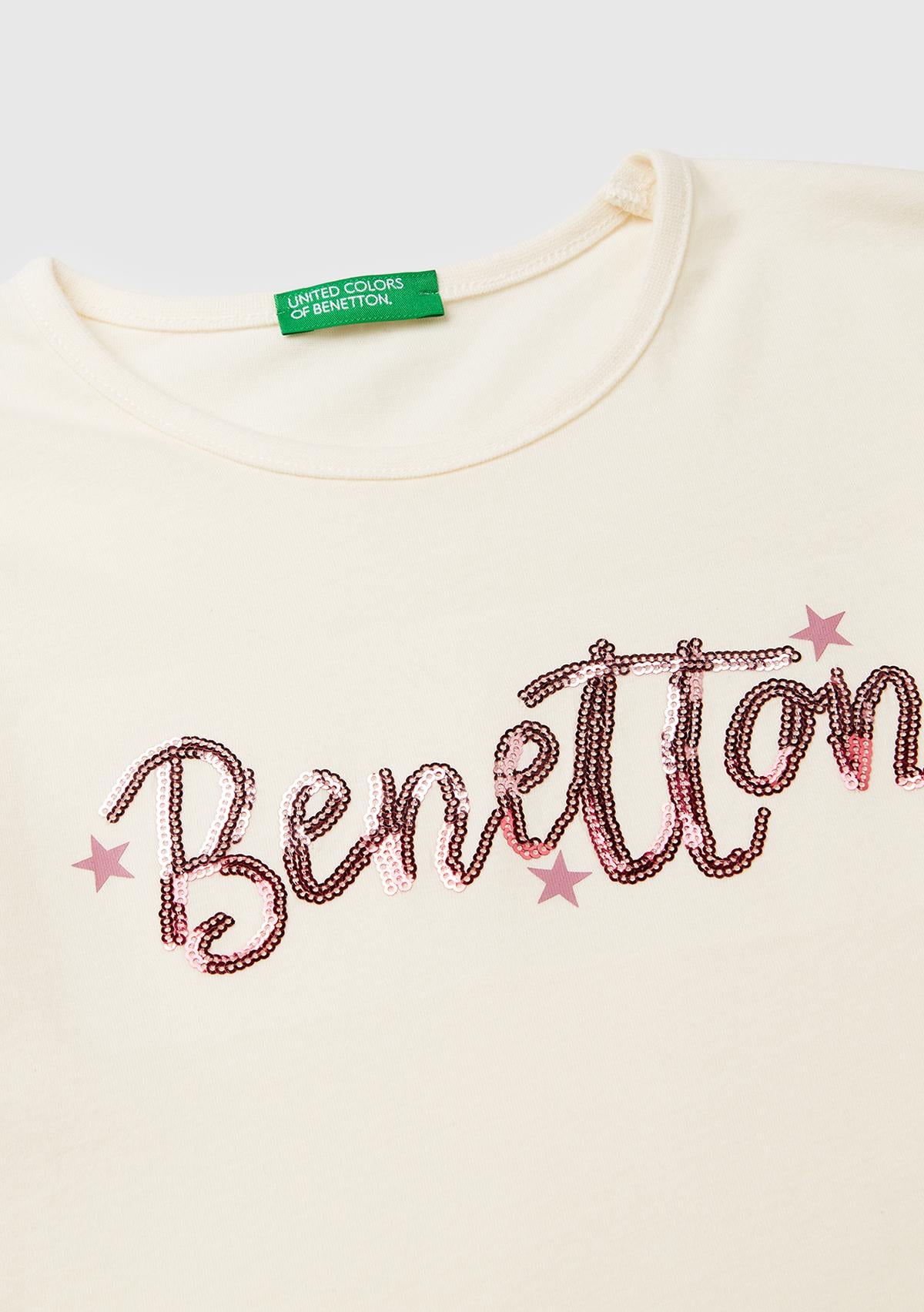 Kız Çocuk Ekru Grafik Payet İşlemeli Regular Fit Uzun Kollu T-shirt