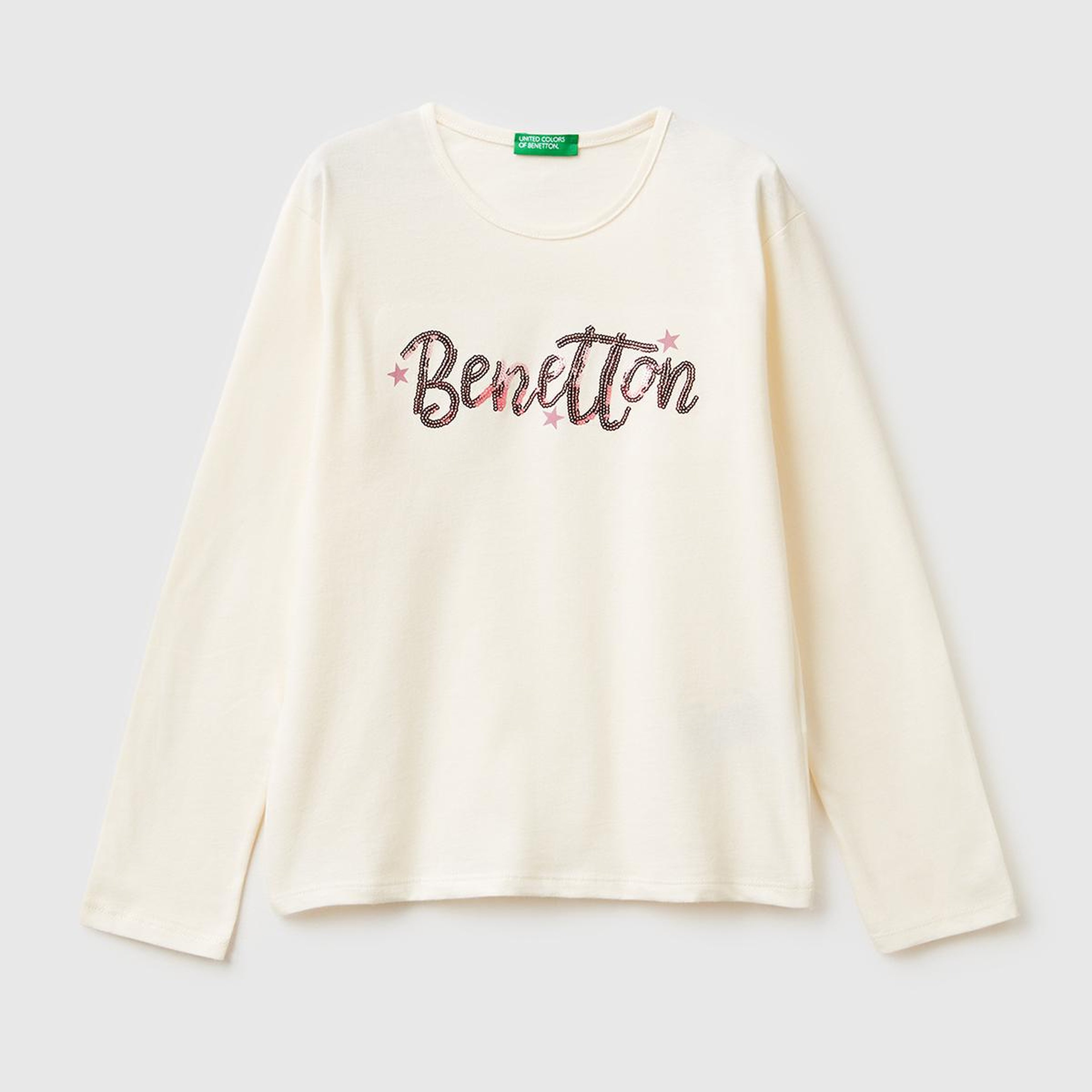 Kız Çocuk Ekru Grafik Payet İşlemeli Regular Fit Uzun Kollu T-shirt