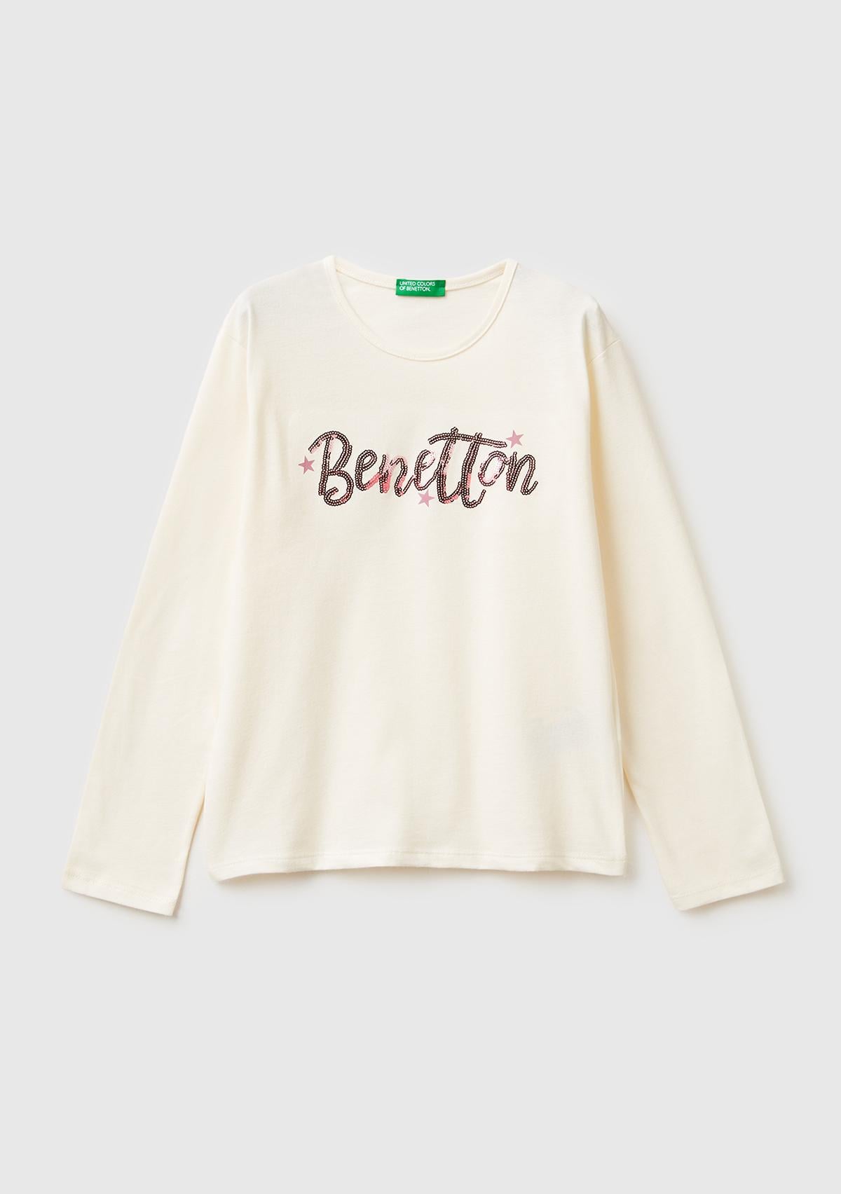 Kız Çocuk Ekru Grafik Payet İşlemeli Regular Fit Uzun Kollu T-shirt