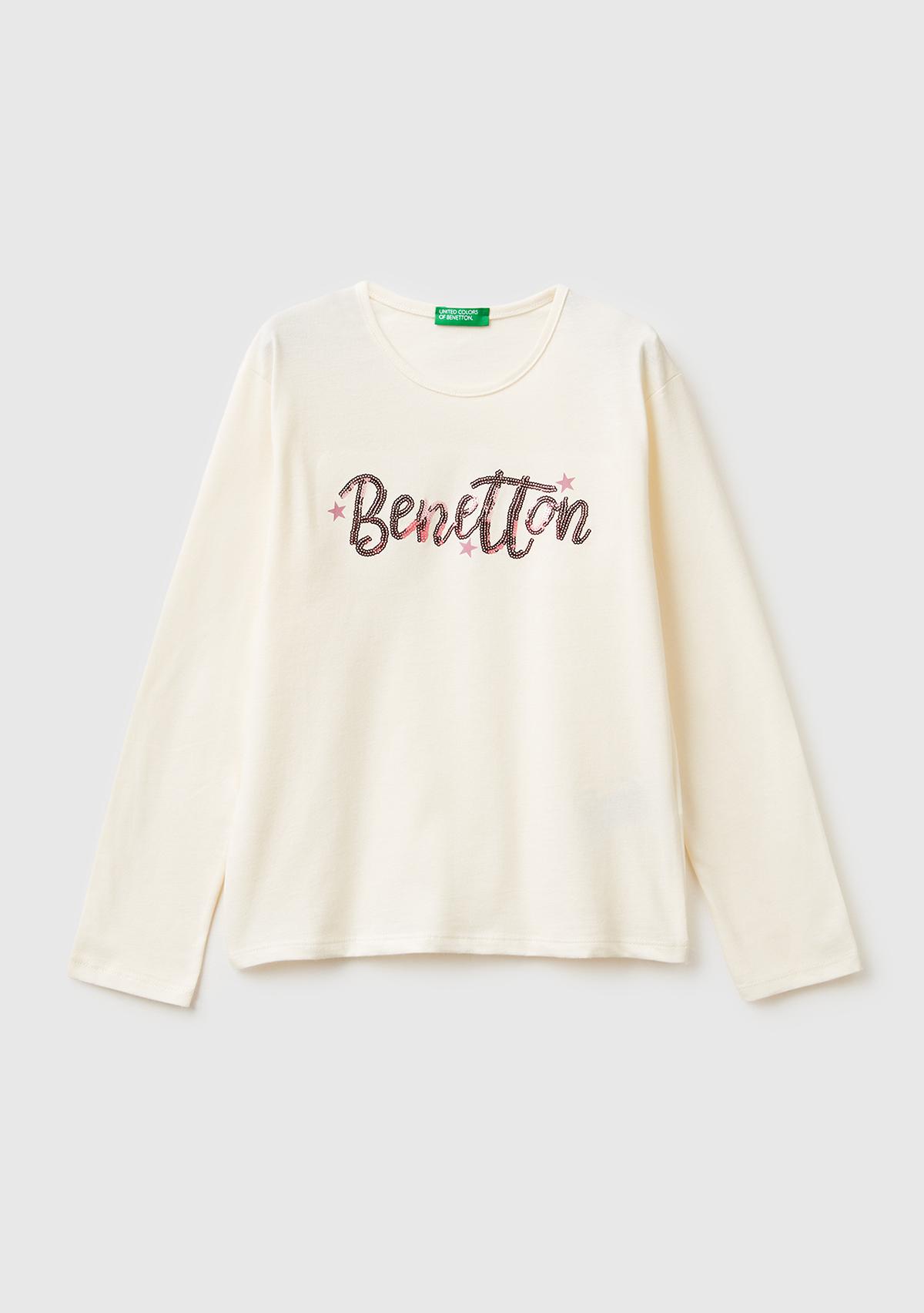 Kız Çocuk Ekru Grafik Payet İşlemeli Regular Fit Uzun Kollu T-shirt