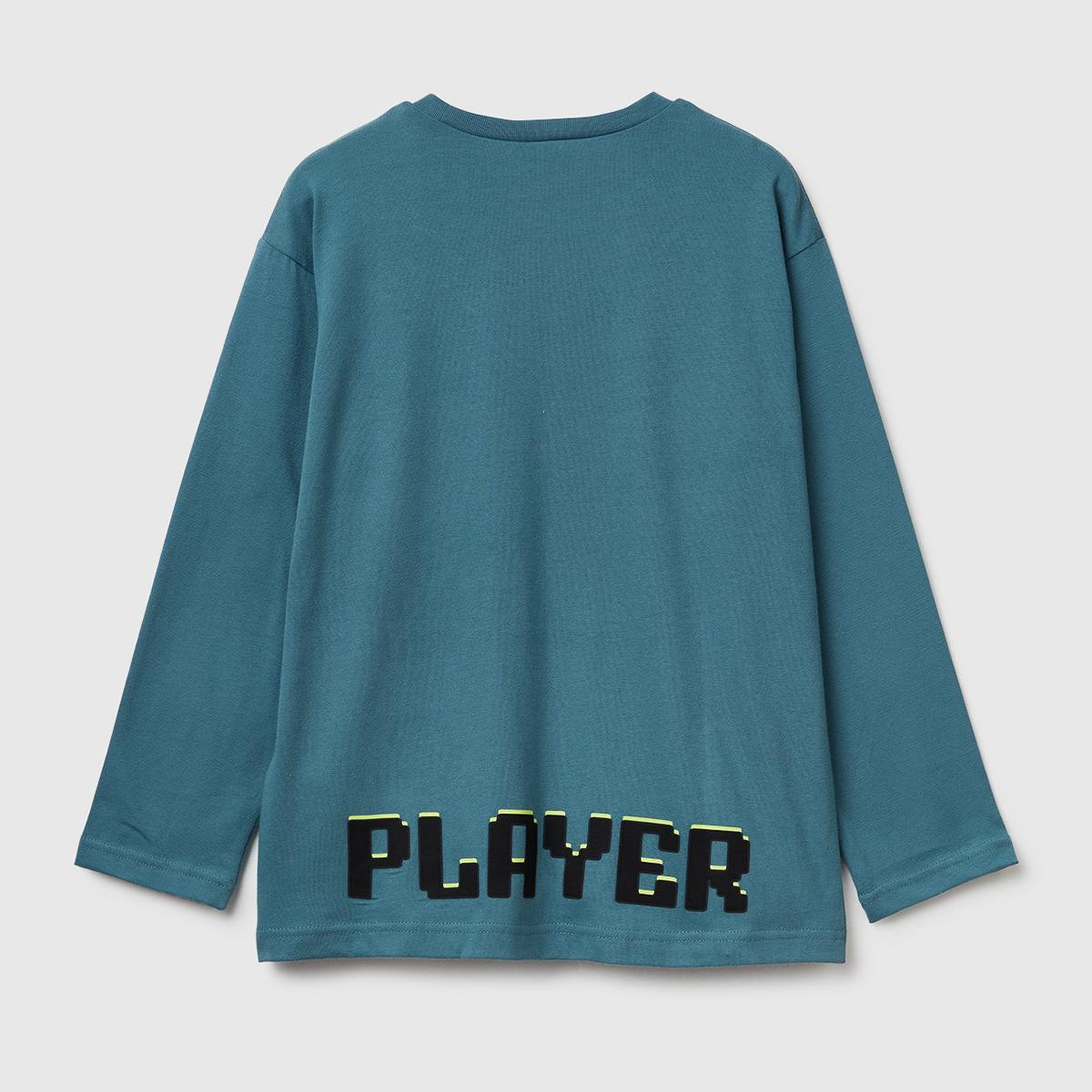 Erkek Çocuk Gri-Yeşil Tazmanya Baskılı Kabartmalı Uzun Kollu T-shirt