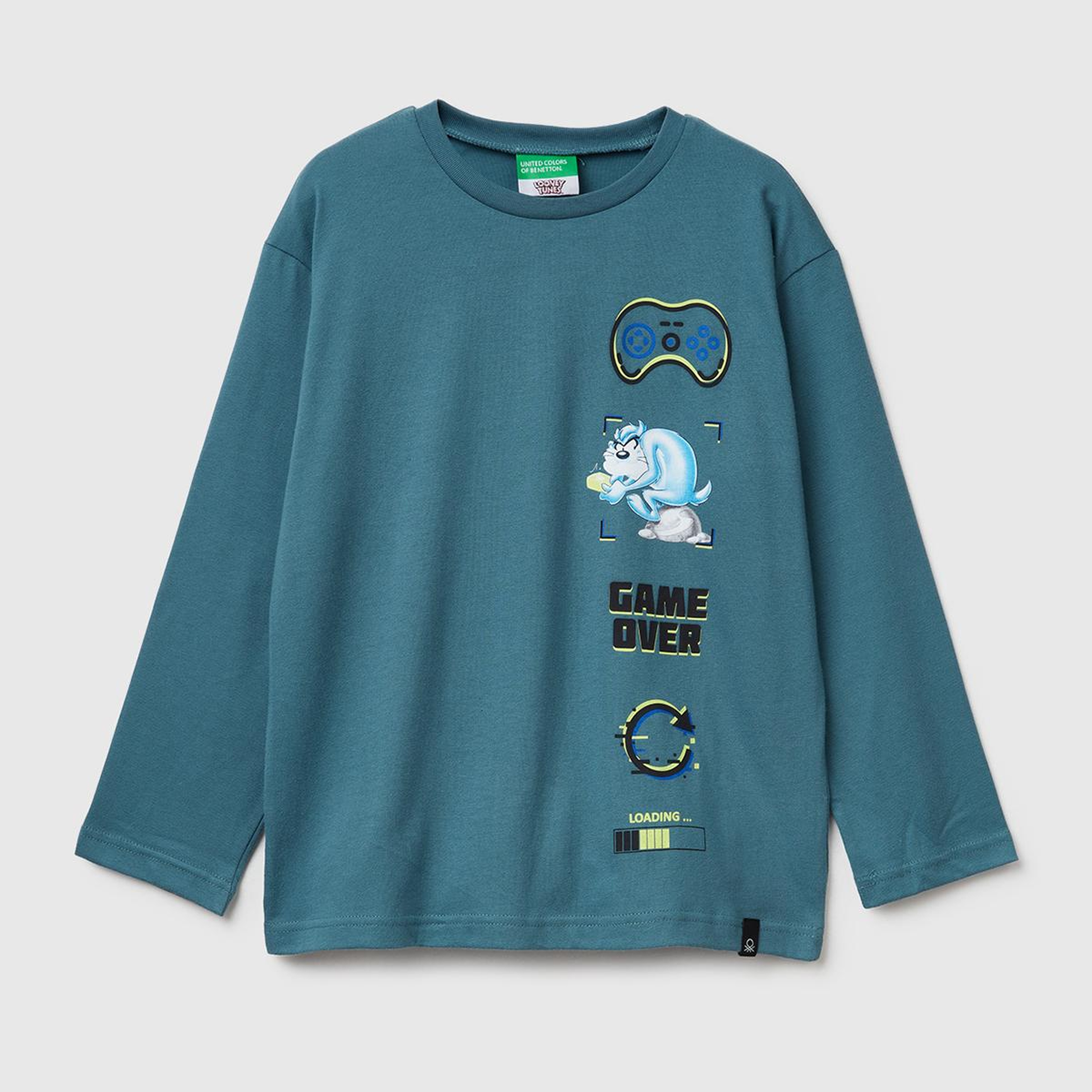 Erkek Çocuk Gri-Yeşil Tazmanya Baskılı Kabartmalı Uzun Kollu T-shirt