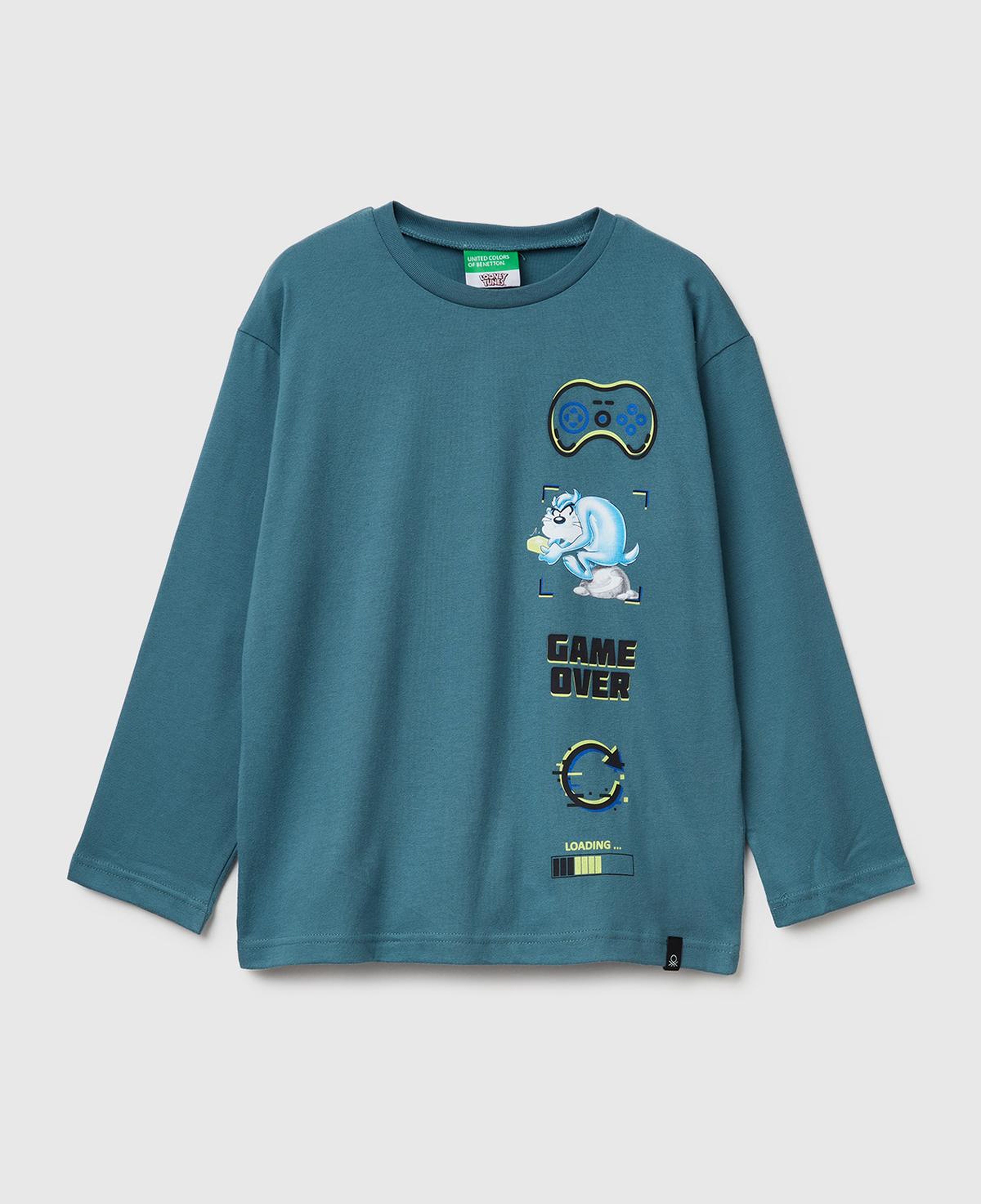 Erkek Çocuk Gri-Yeşil Tazmanya Baskılı Kabartmalı Uzun Kollu T-shirt