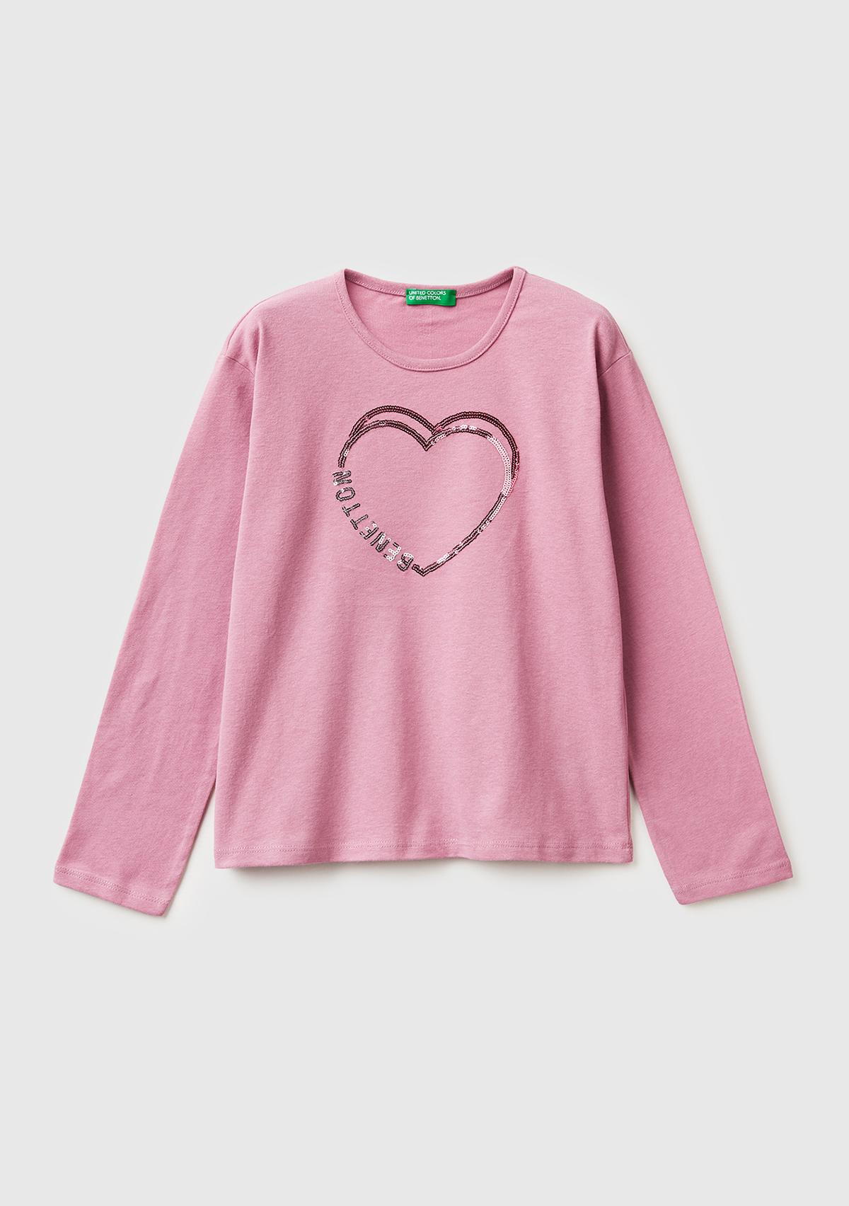 Kız Çocuk Gül Kurusu Grafik Payet İşlemeli Regular Fit Uzun Kollu T-shirt