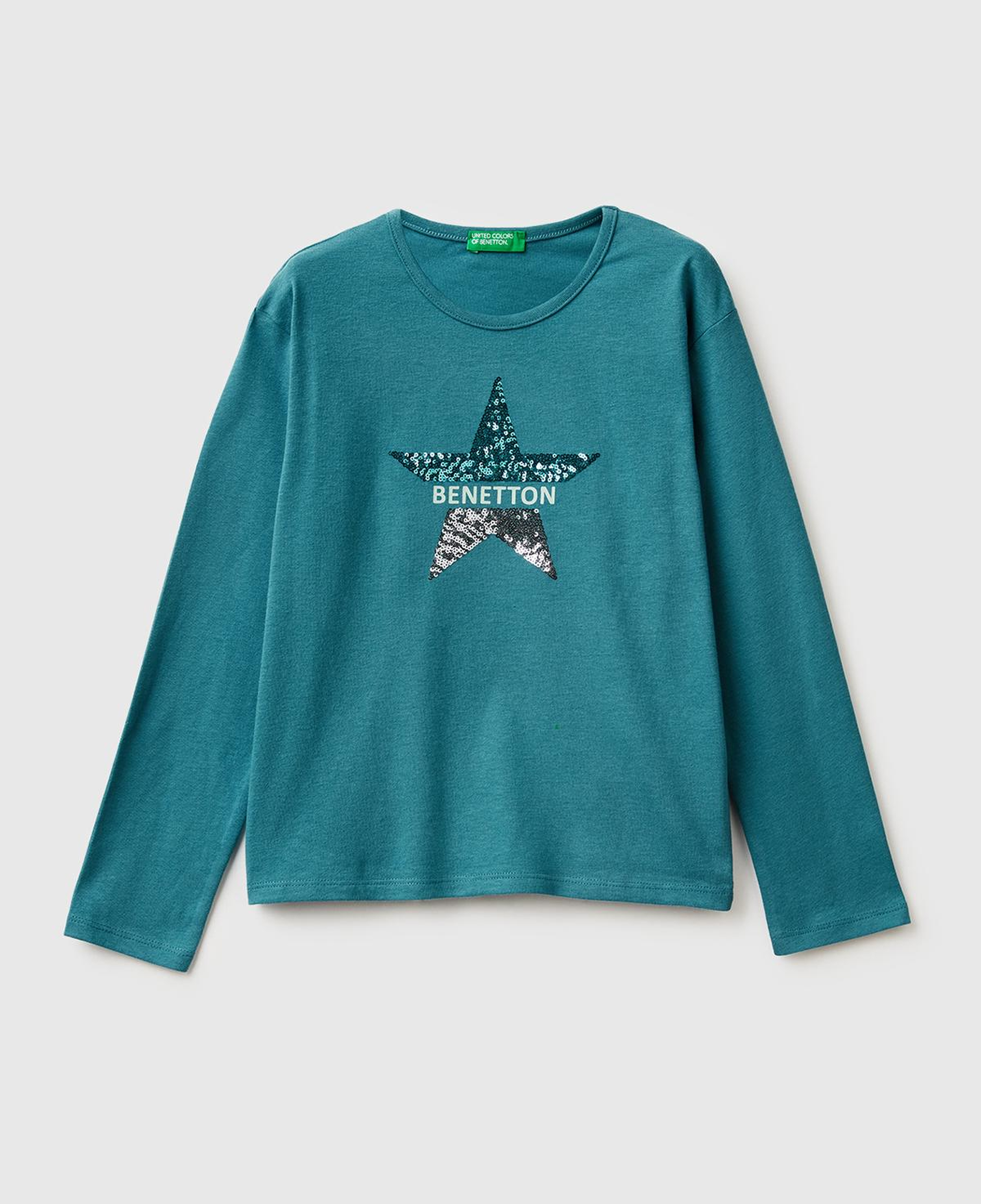 Kız Çocuk Petrol Mavisi Grafik Payet İşlemeli Regular Fit Uzun Kollu T-shirt