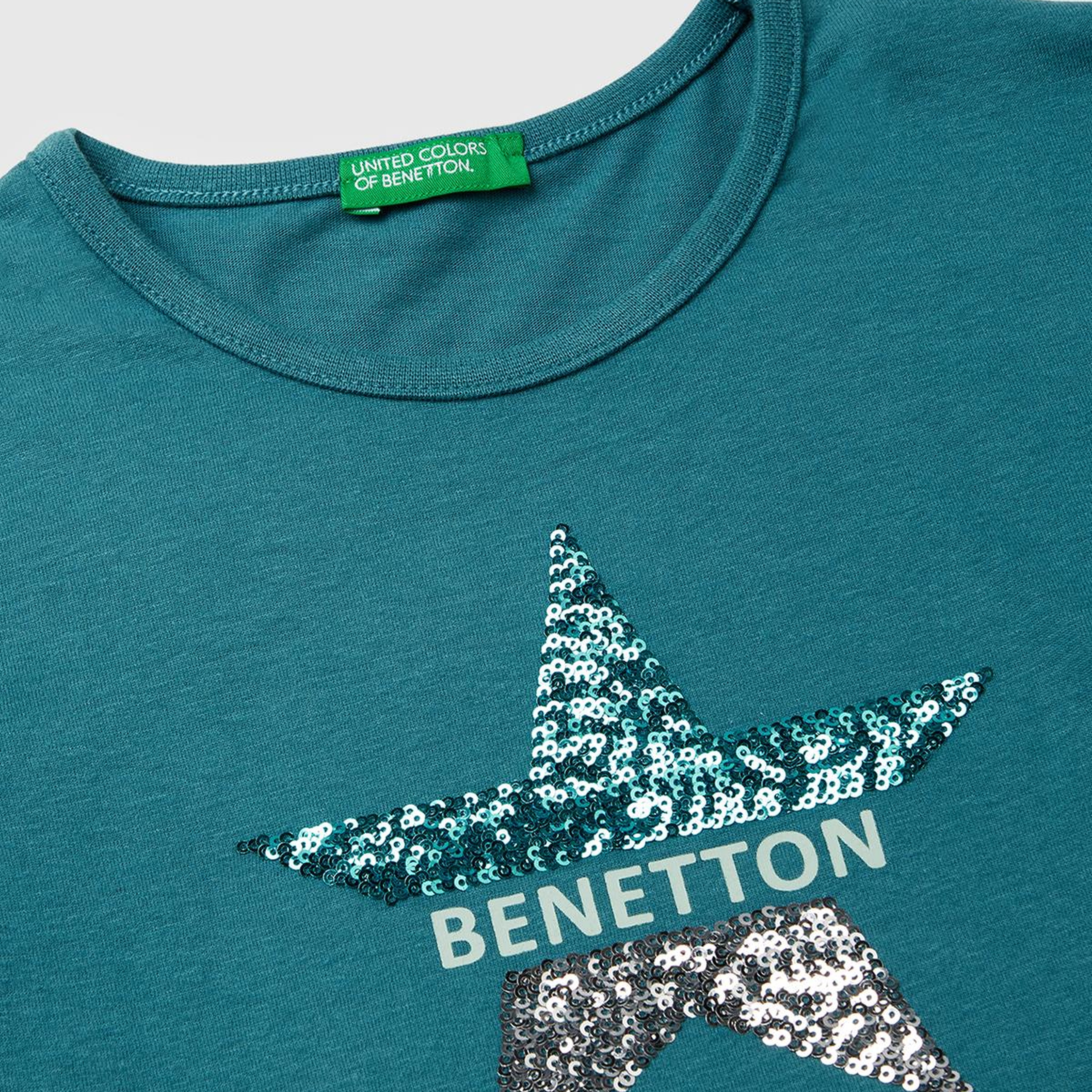 Kız Çocuk Petrol Mavisi Grafik Payet İşlemeli Regular Fit Uzun Kollu T-shirt