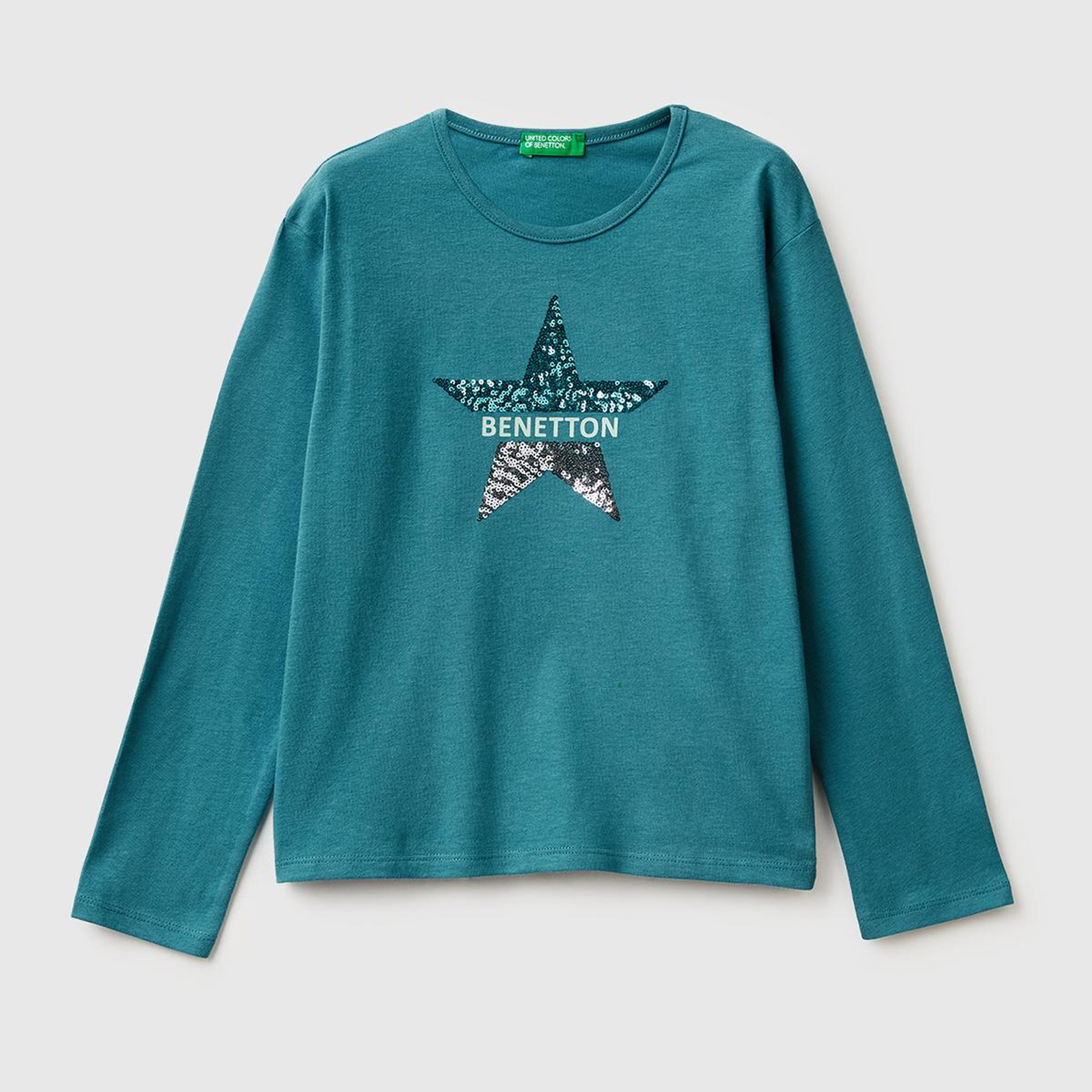 Kız Çocuk Petrol Mavisi Grafik Payet İşlemeli Regular Fit Uzun Kollu T-shirt