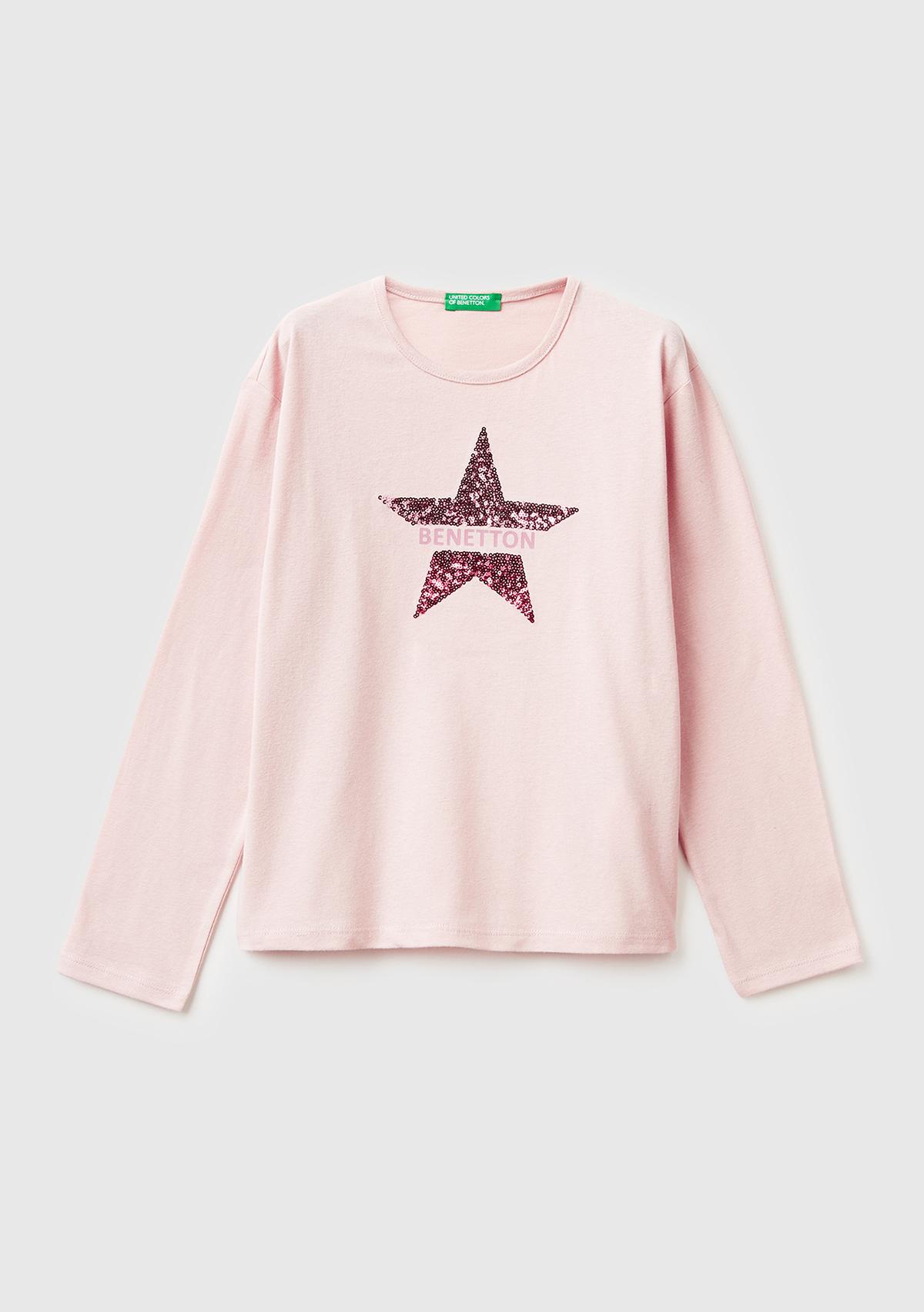 Kız Çocuk Toz Pembe Grafik Payet İşlemeli Regular Fit Uzun Kollu T-shirt