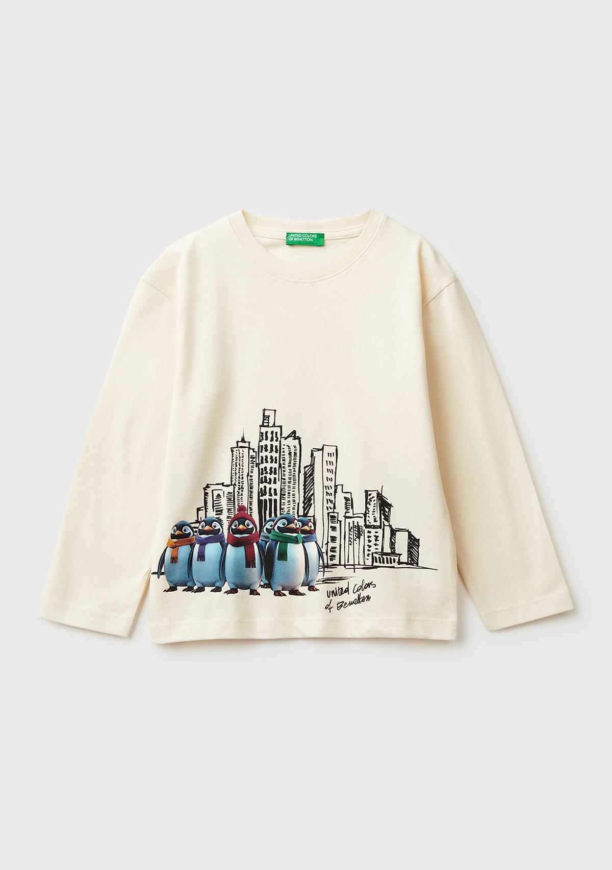 Erkek Çocuk Krem Dijital Baskılı Bisiklet Yaka Uzun Kollu T-shirt