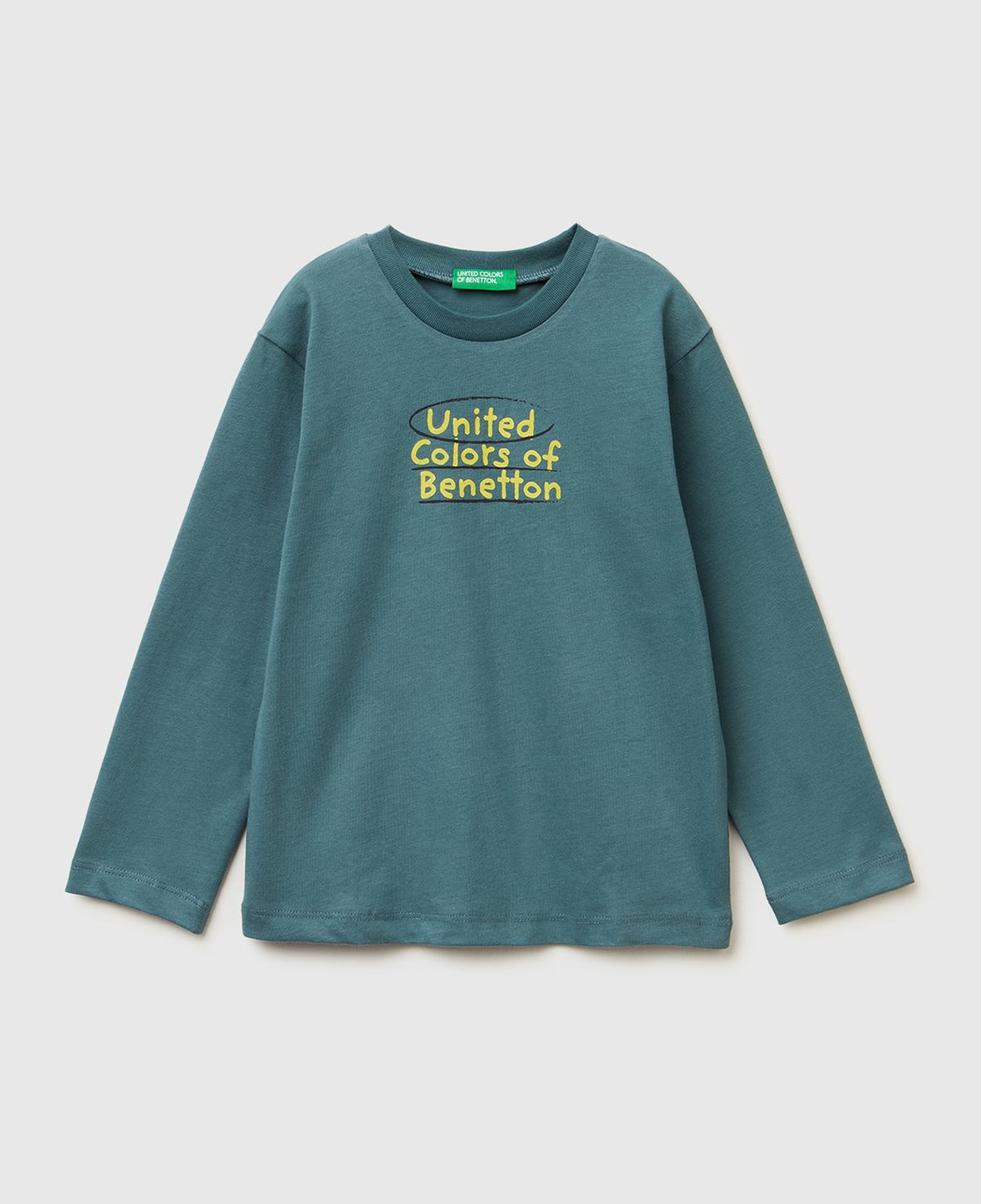 Erkek Çocuk Gri-Yeşil Önü Logo Baskılı Uzun Kollu T-shirt