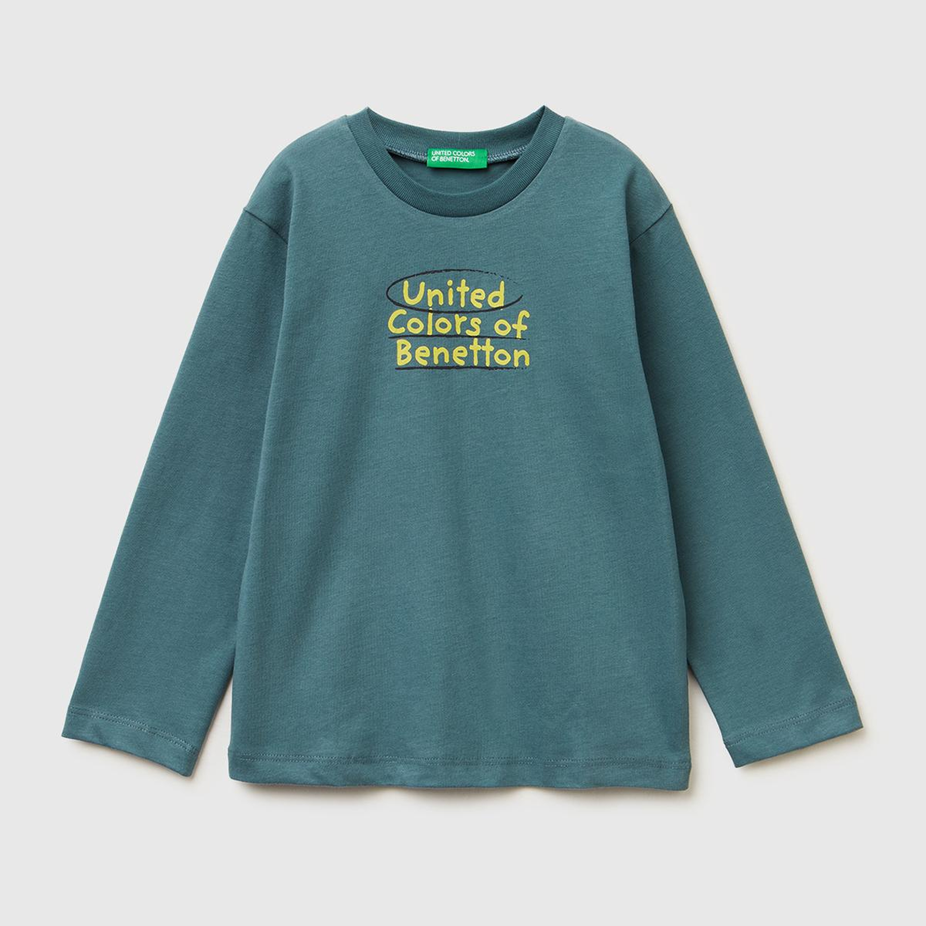 Erkek Çocuk Gri-Yeşil Önü Logo Baskılı Uzun Kollu T-shirt