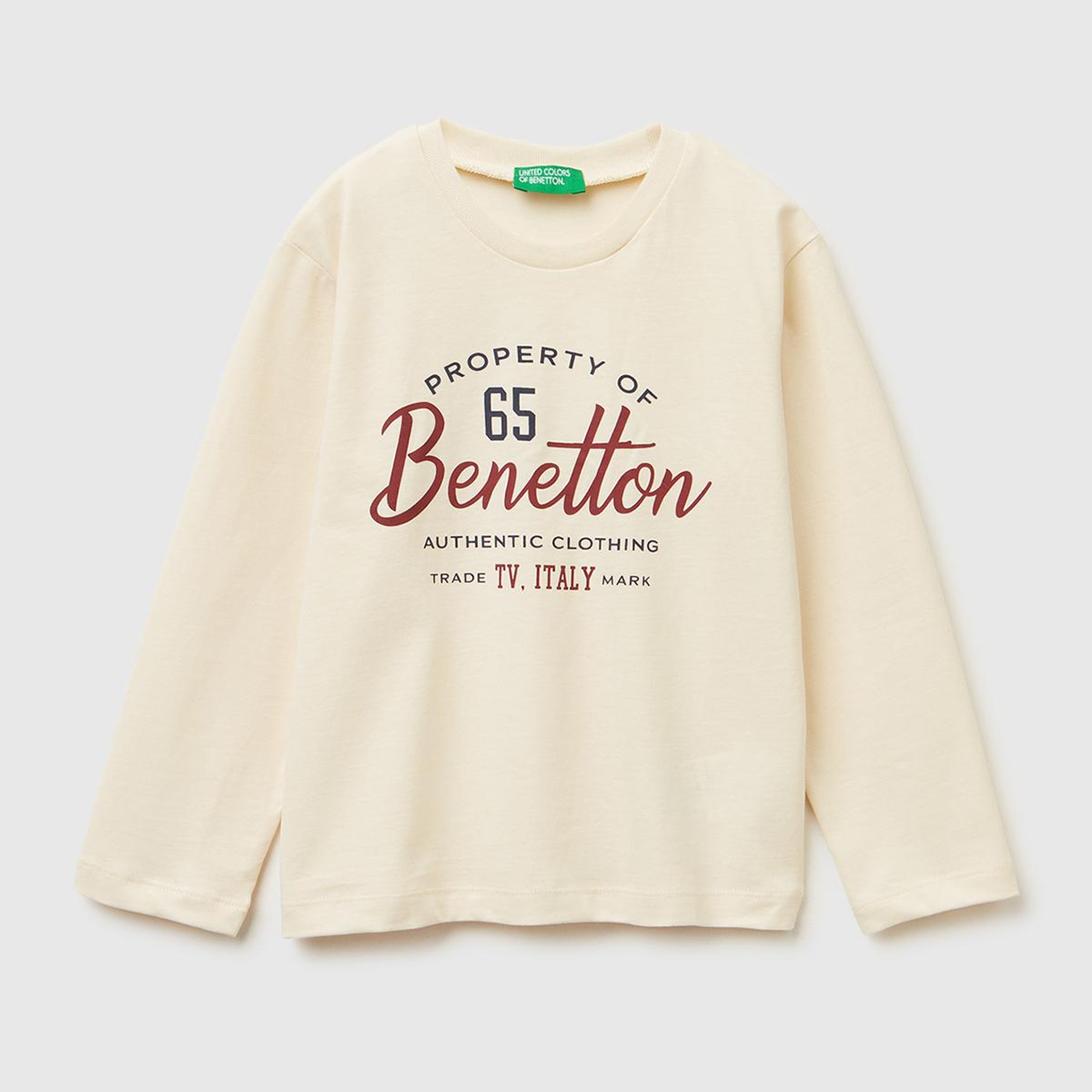 Erkek Çocuk Krem Önü Logo Baskılı Uzun Kollu T-shirt
