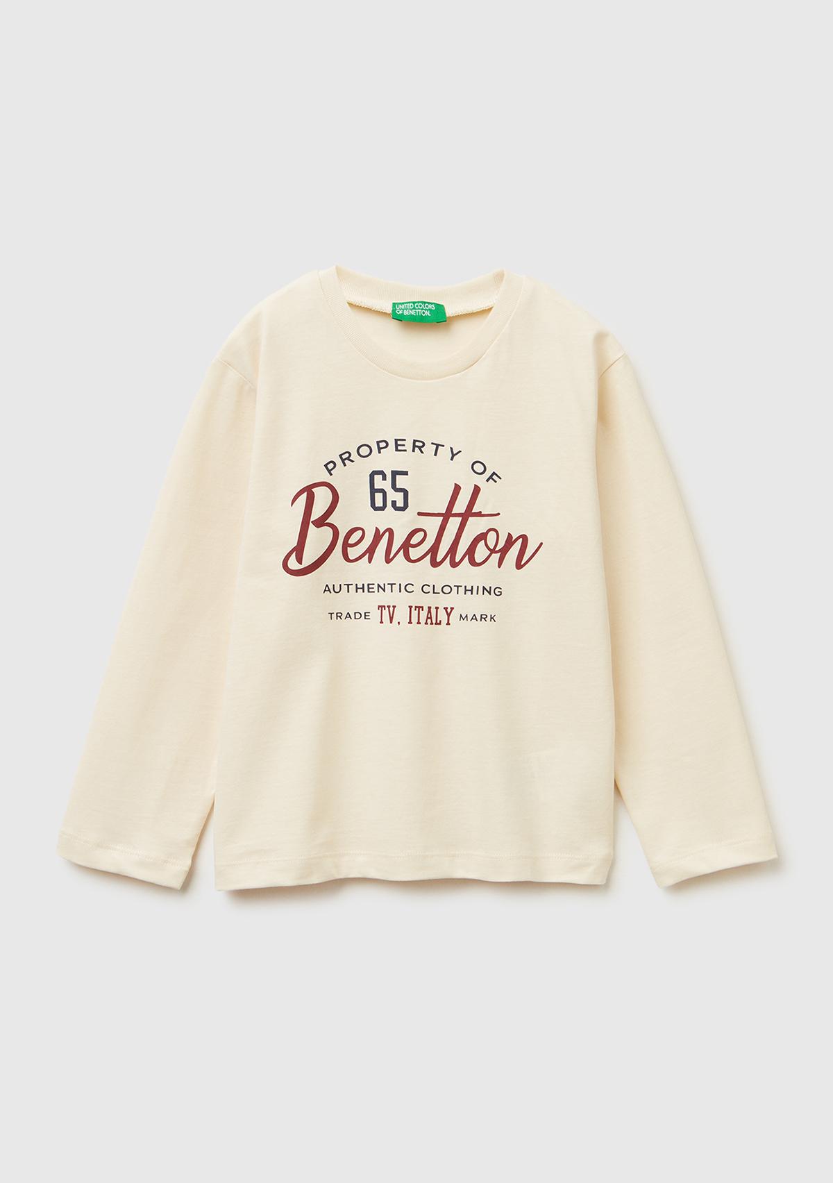 Erkek Çocuk Krem Önü Logo Baskılı Uzun Kollu T-shirt
