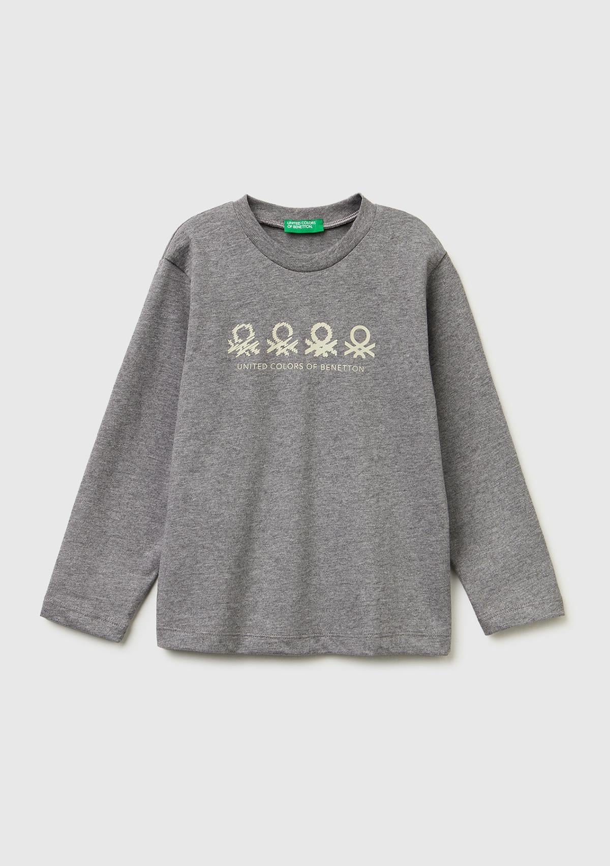 Erkek Çocuk Antrasit Melanj Önü Logo Baskılı Uzun Kollu T-shirt