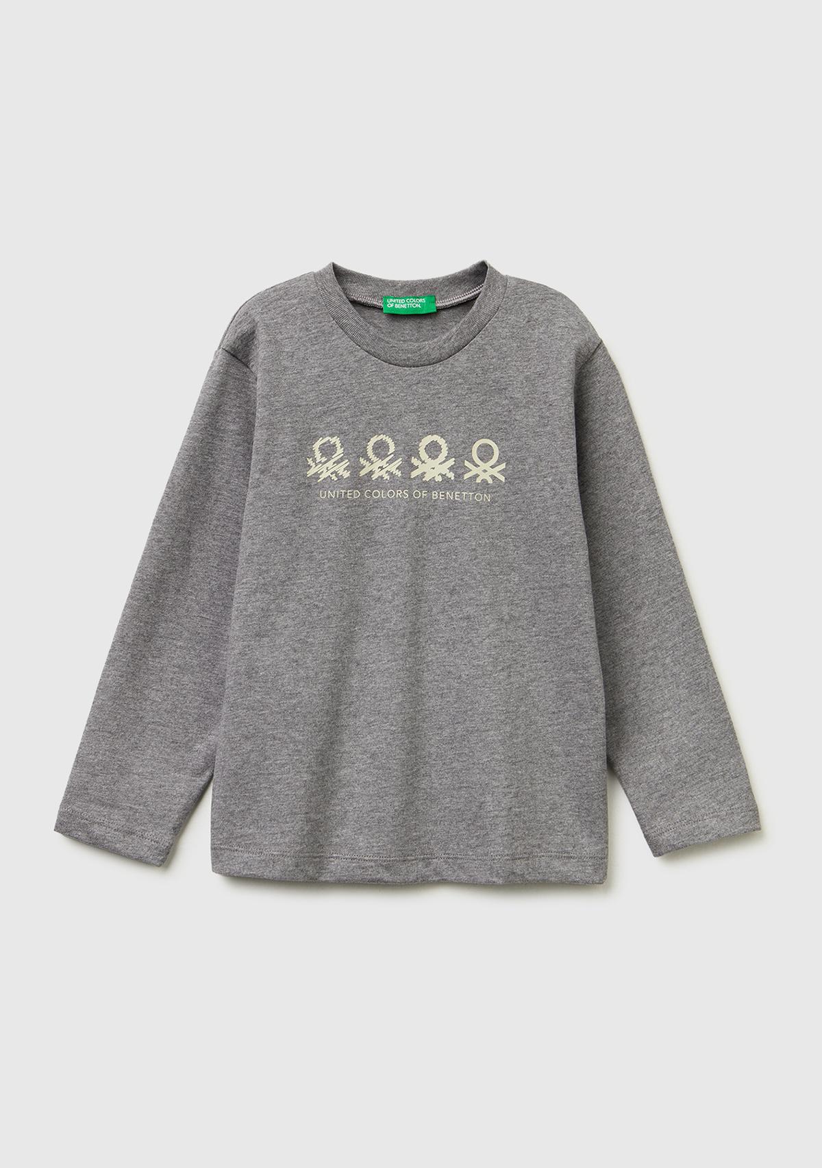 Erkek Çocuk Antrasit Melanj Önü Logo Baskılı Uzun Kollu T-shirt