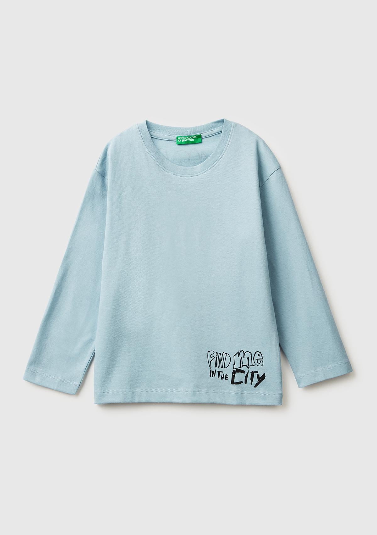 Erkek Çocuk Açık Mavi Dijital Baskılı Bisiklet Yaka Uzun Kollu T-shirt