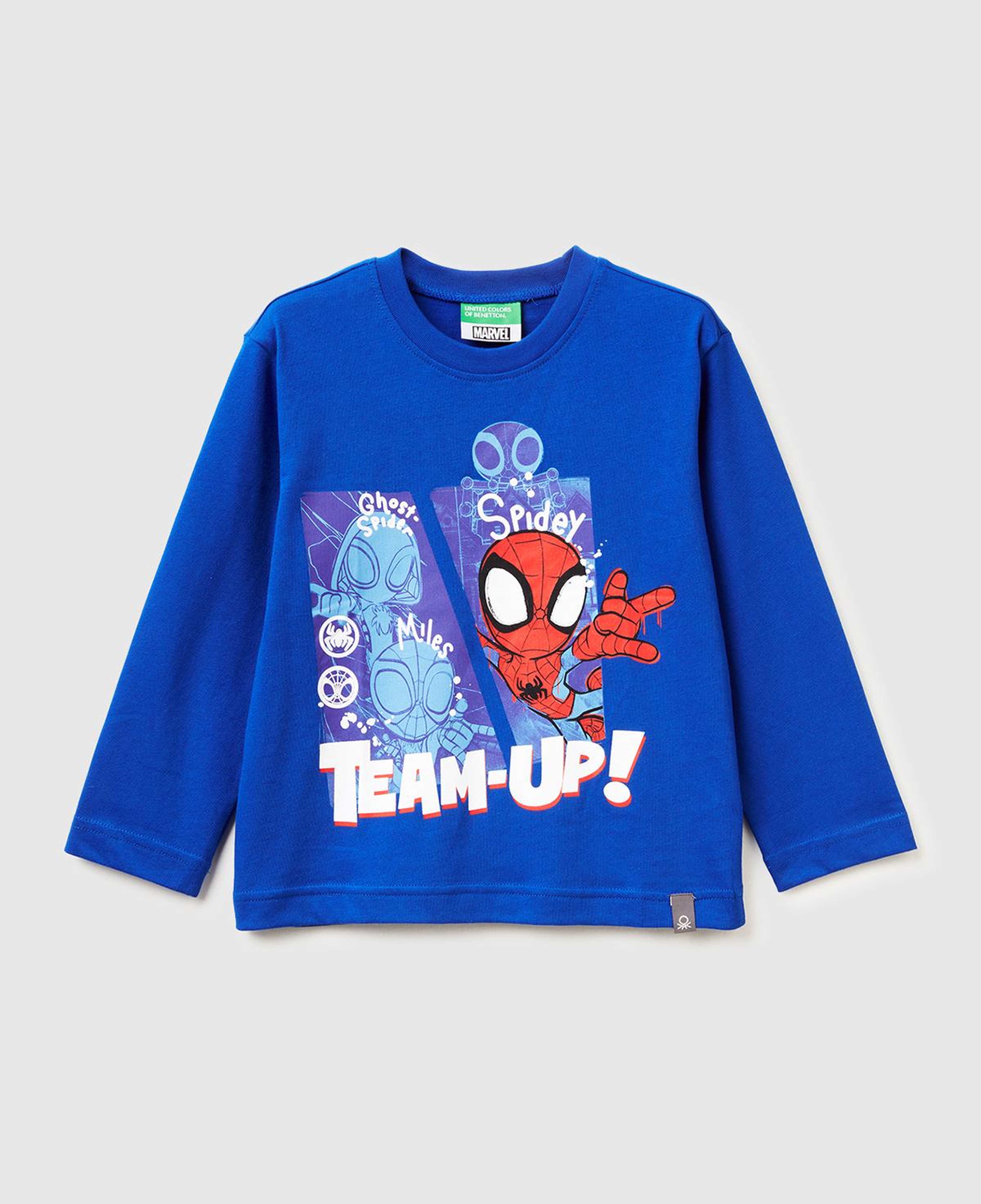 Erkek Çocuk Saks Mavisi Spiderman Baskılı Logo Etiketli Uzun Kollu T-shirt