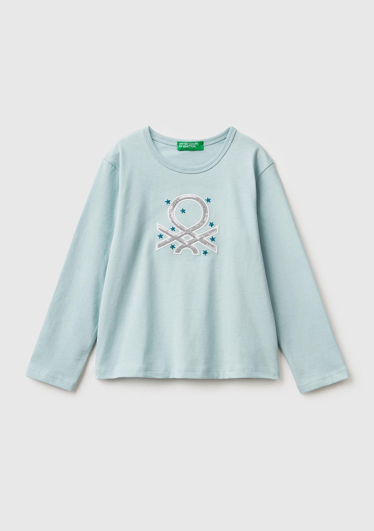 Kız Çocuk Su Yeşili Baskılı Payetli Regular Fit Uzun Kollu T-shirt