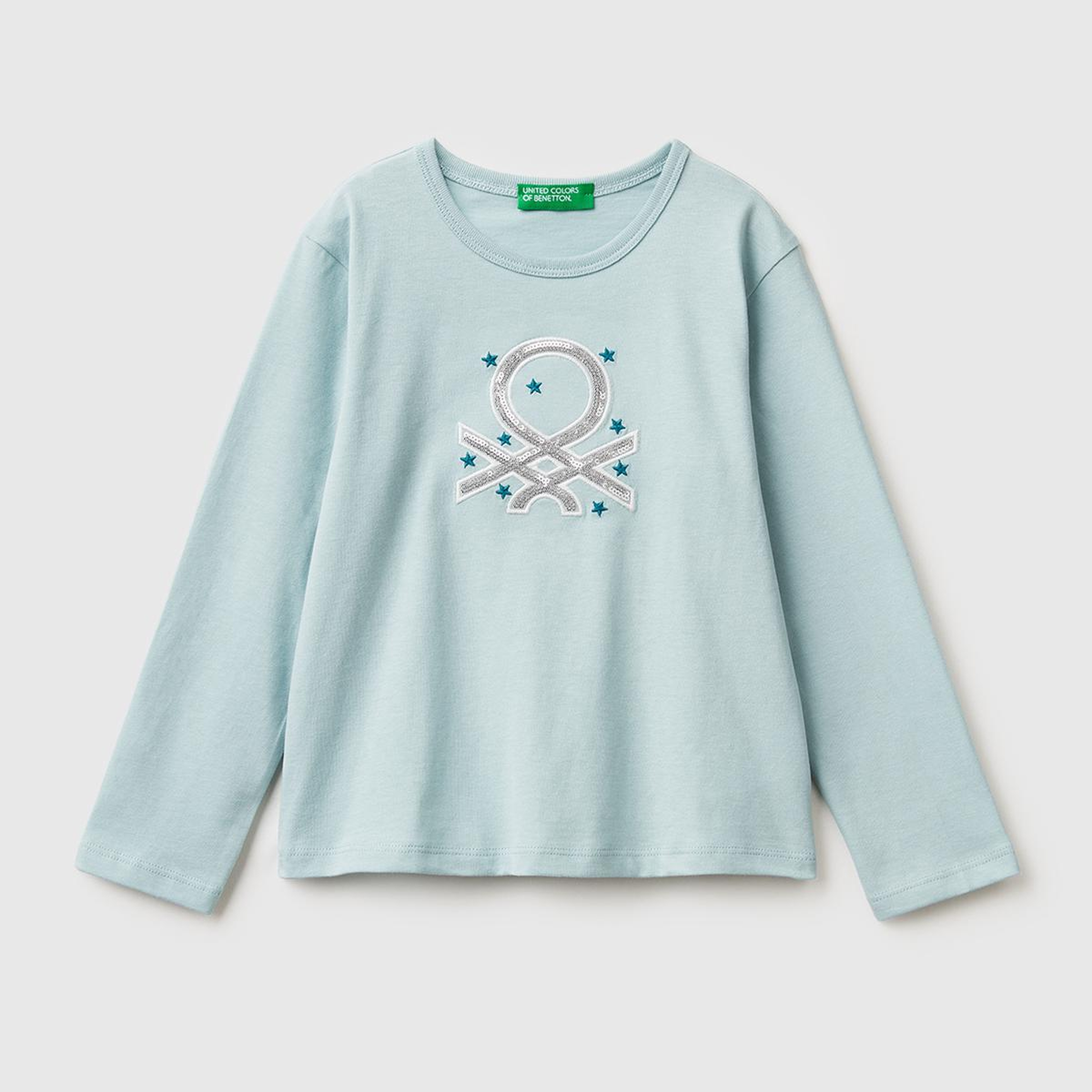 Kız Çocuk Su Yeşili Baskılı Payetli Regular Fit Uzun Kollu T-shirt
