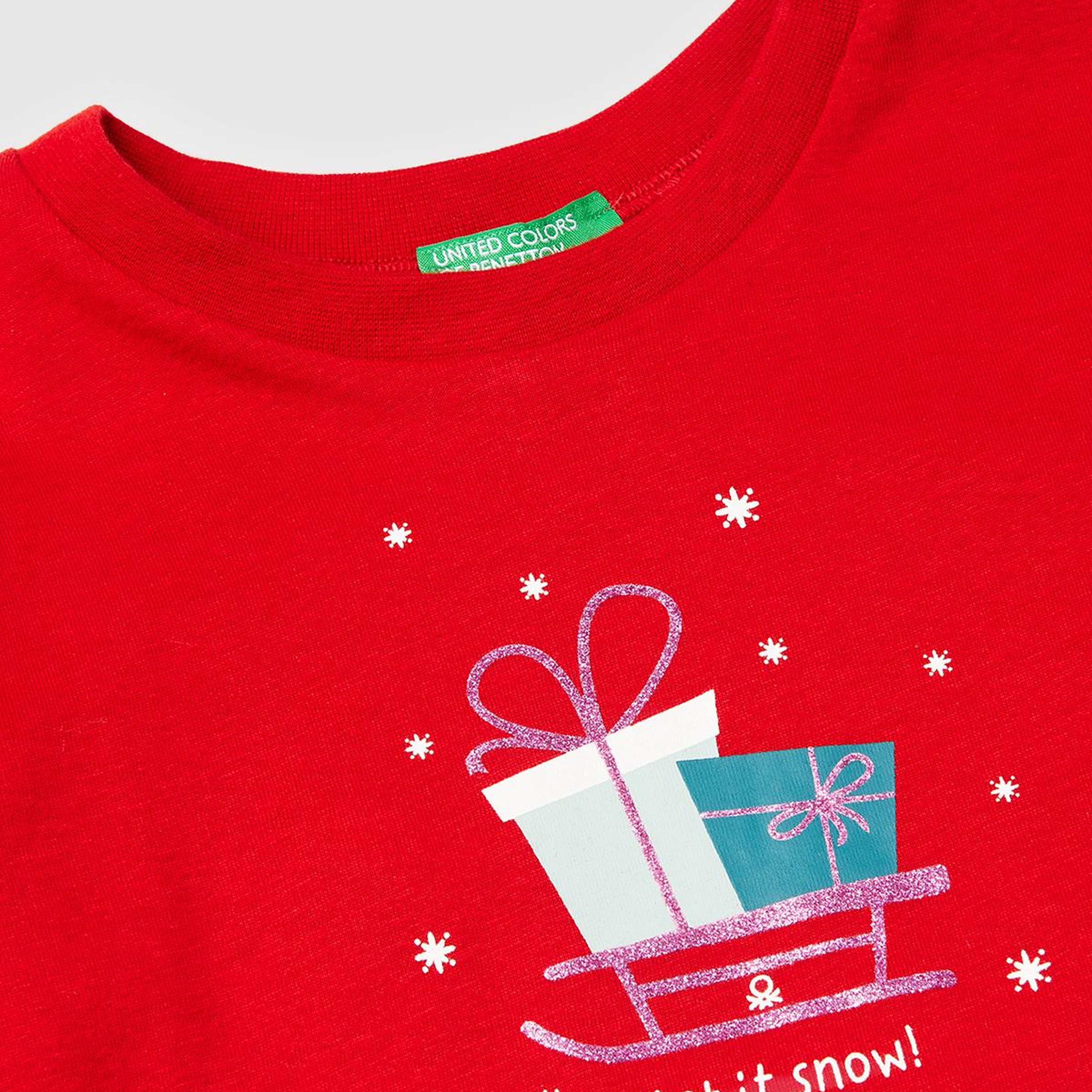 Kız Çocuk Kırmızı Simli Baskılı Bisiklet Yaka Regular Fit Uzun Kollu T-shirt