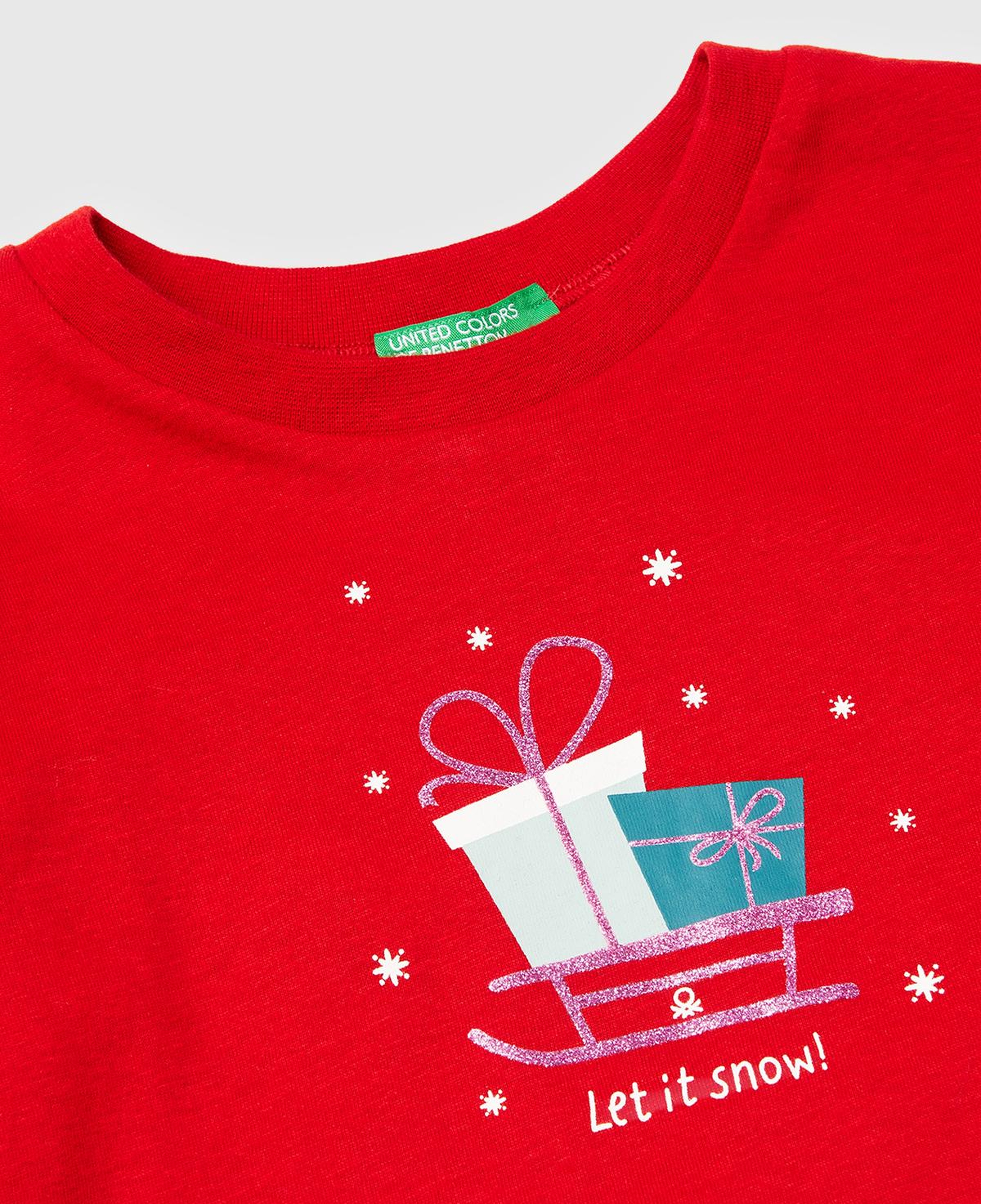 Kız Çocuk Kırmızı Simli Baskılı Bisiklet Yaka Regular Fit Uzun Kollu T-shirt
