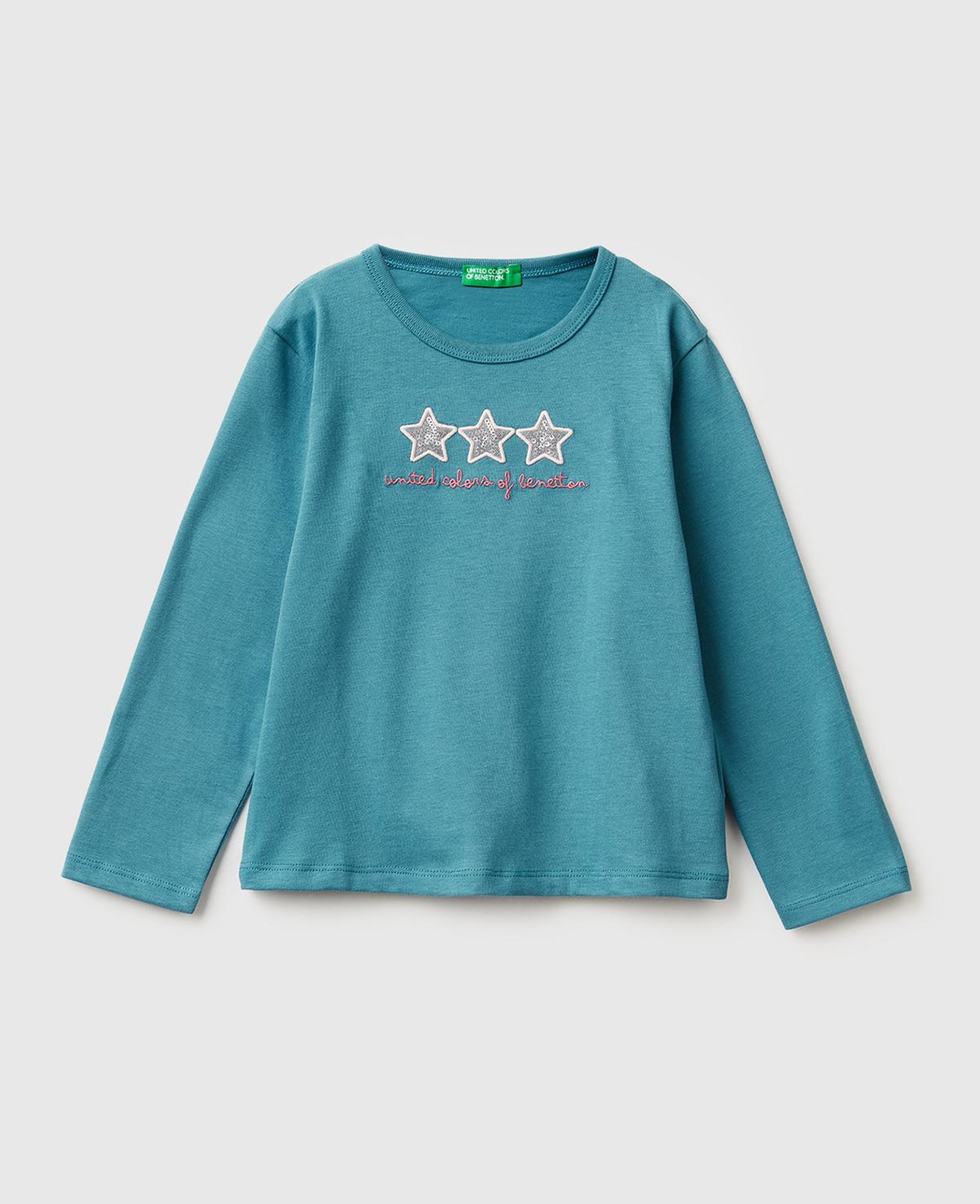 Kız Çocuk Petrol Mavisi Baskılı Payetli Regular Fit Uzun Kollu T-shirt