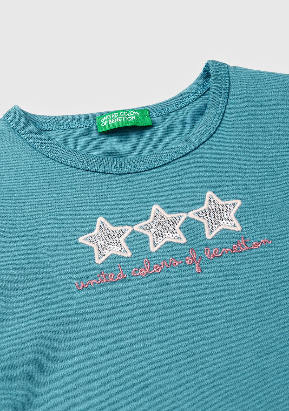 Kız Çocuk Petrol Mavisi Baskılı Payetli Regular Fit Uzun Kollu T-shirt
