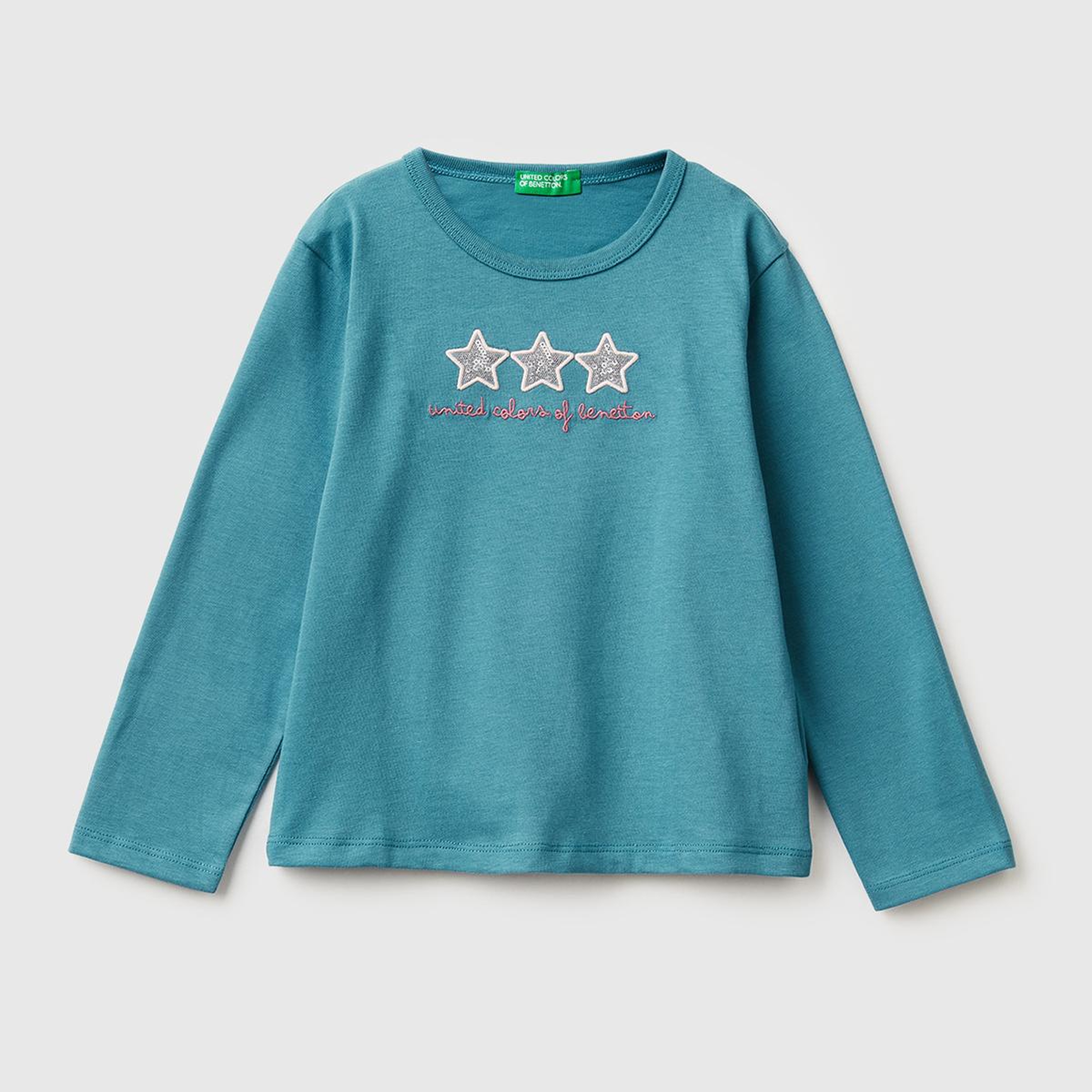 Kız Çocuk Petrol Mavisi Baskılı Payetli Regular Fit Uzun Kollu T-shirt