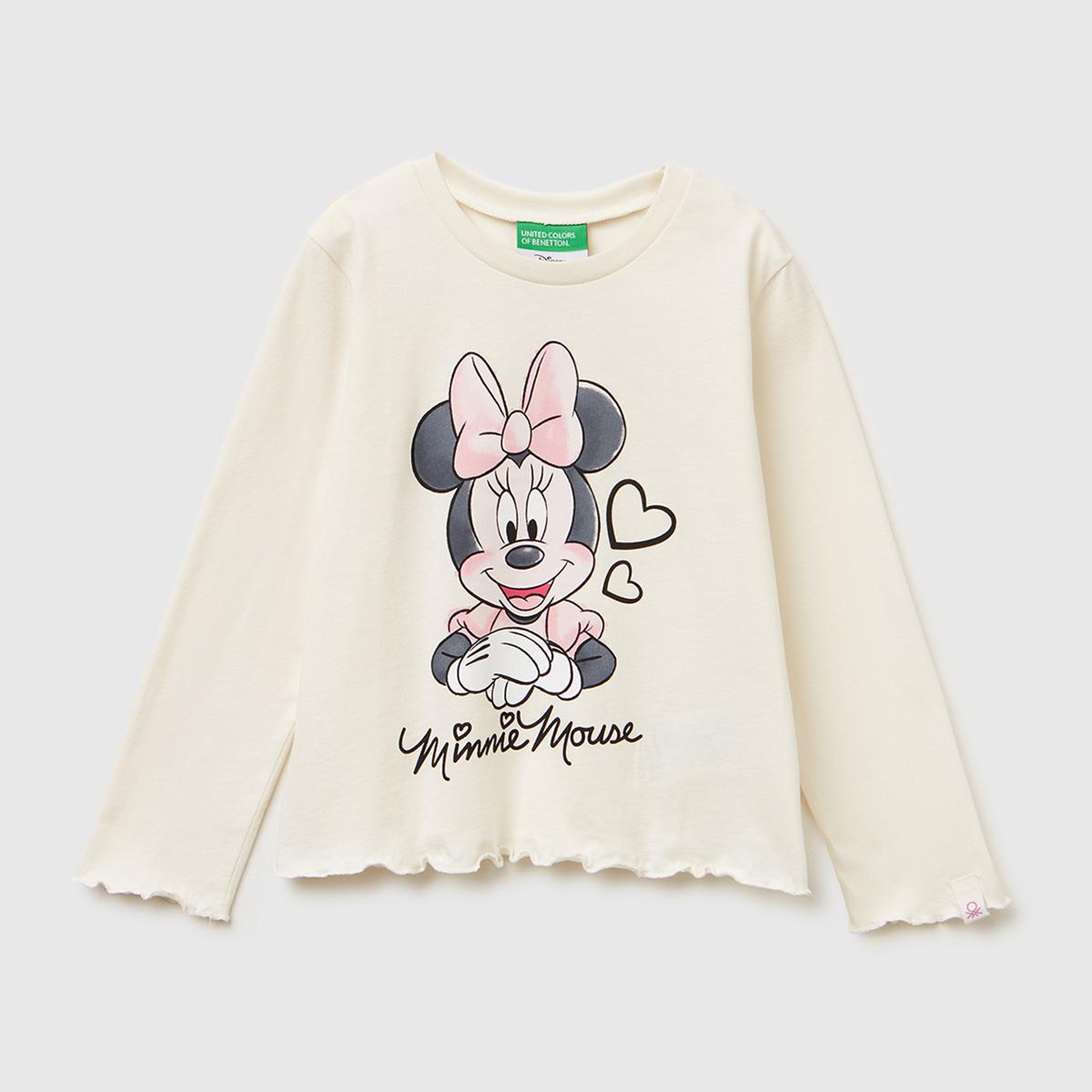 Kız Çocuk Ekru Önü Baskılı Kol Ucu Etiket Detaylı Uzun Kollu T-shirt