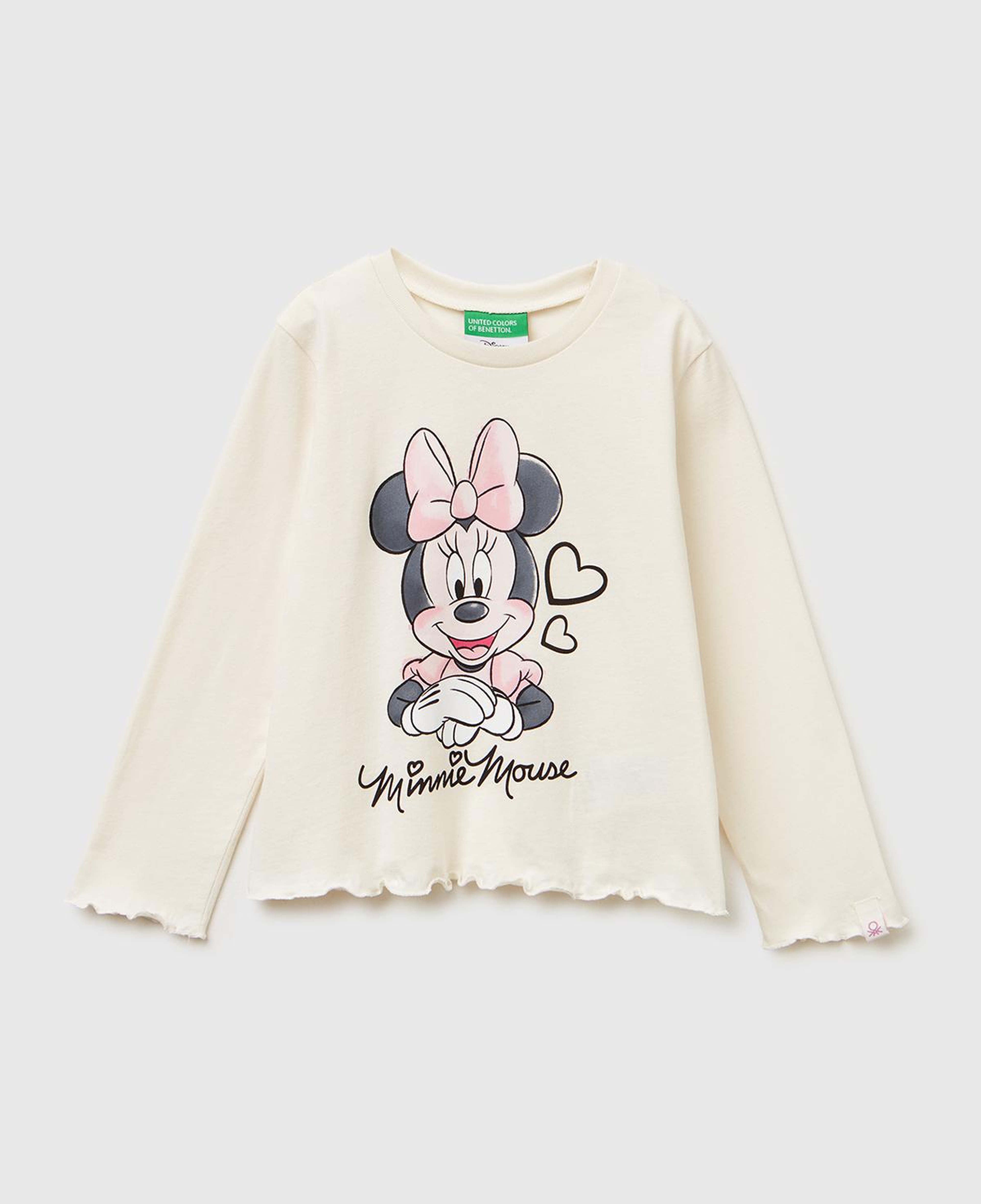 Kız Çocuk Ekru Önü Baskılı Kol Ucu Etiket Detaylı Uzun Kollu T-shirt