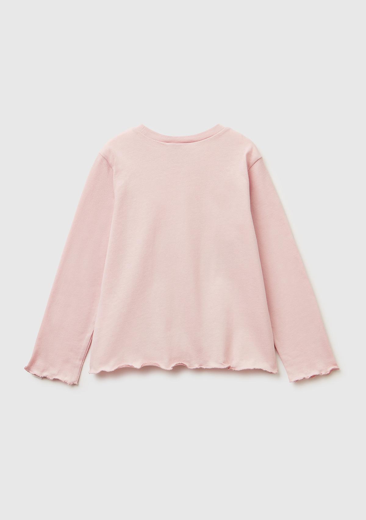 Kız Çocuk Toz Pembe Önü Baskılı Kol Ucu Etiket Detaylı Uzun Kollu T-shirt