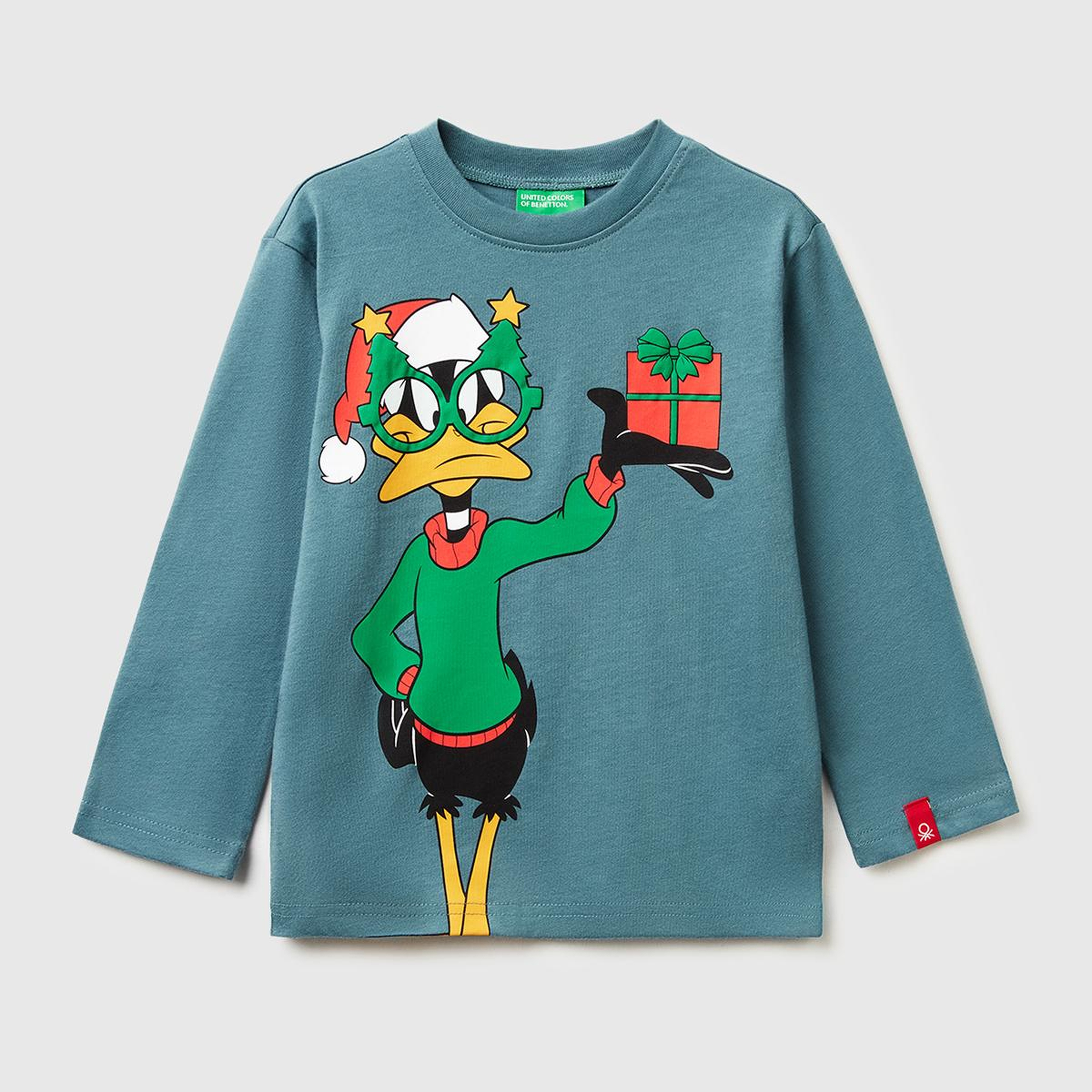 Erkek Çocuk Gri-Yeşil Tazmanya Baskılı Logo Etiketli Oversize Uzun Kollu T-shirt