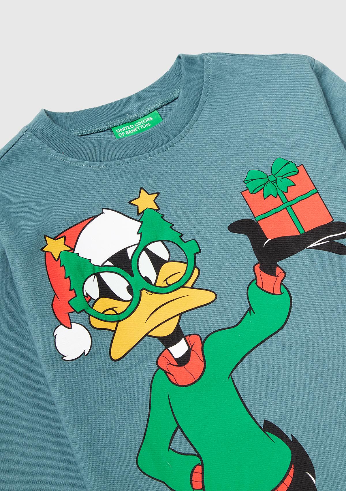 Erkek Çocuk Gri-Yeşil Tazmanya Baskılı Logo Etiketli Oversize Uzun Kollu T-shirt