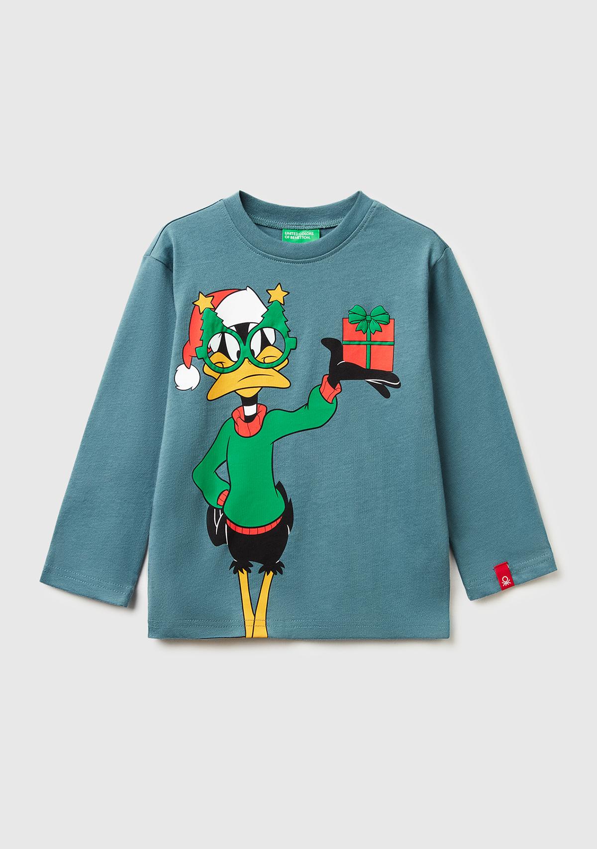 Erkek Çocuk Gri-Yeşil Tazmanya Baskılı Logo Etiketli Oversize Uzun Kollu T-shirt
