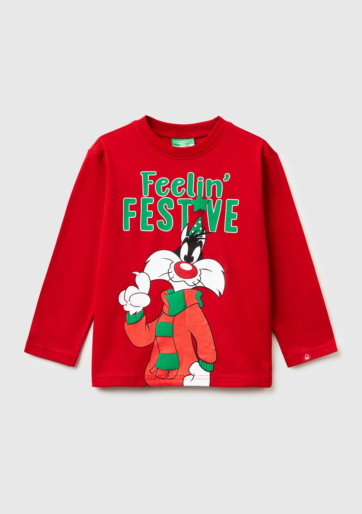 Erkek Çocuk Kırmızı Tazmanya Baskılı Logo Etiketli Oversize Uzun Kollu T-shirt