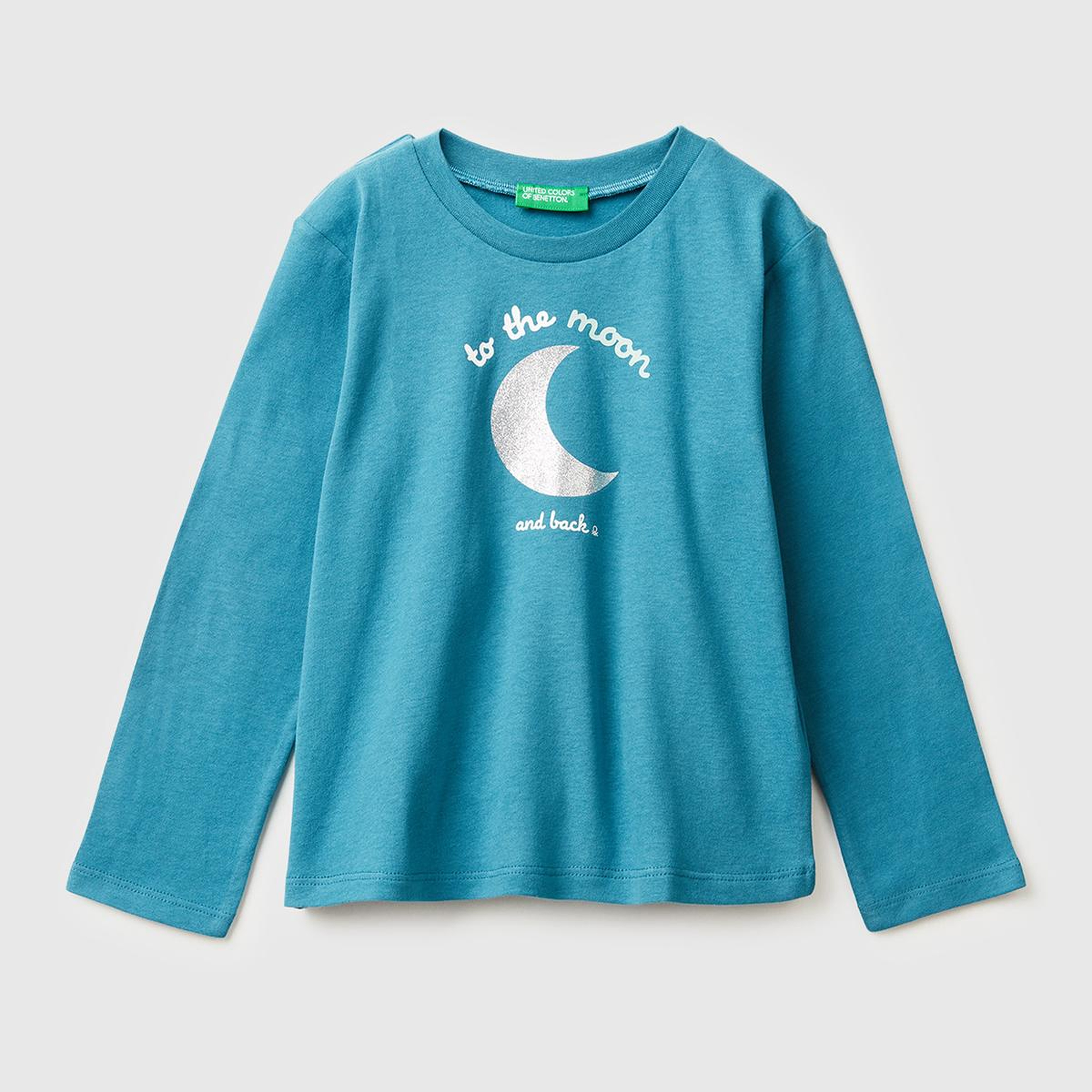 Kız Çocuk Petrol Mavisi Simli Baskılı Bisiklet Yaka Regular Fit Uzun Kollu T-shirt